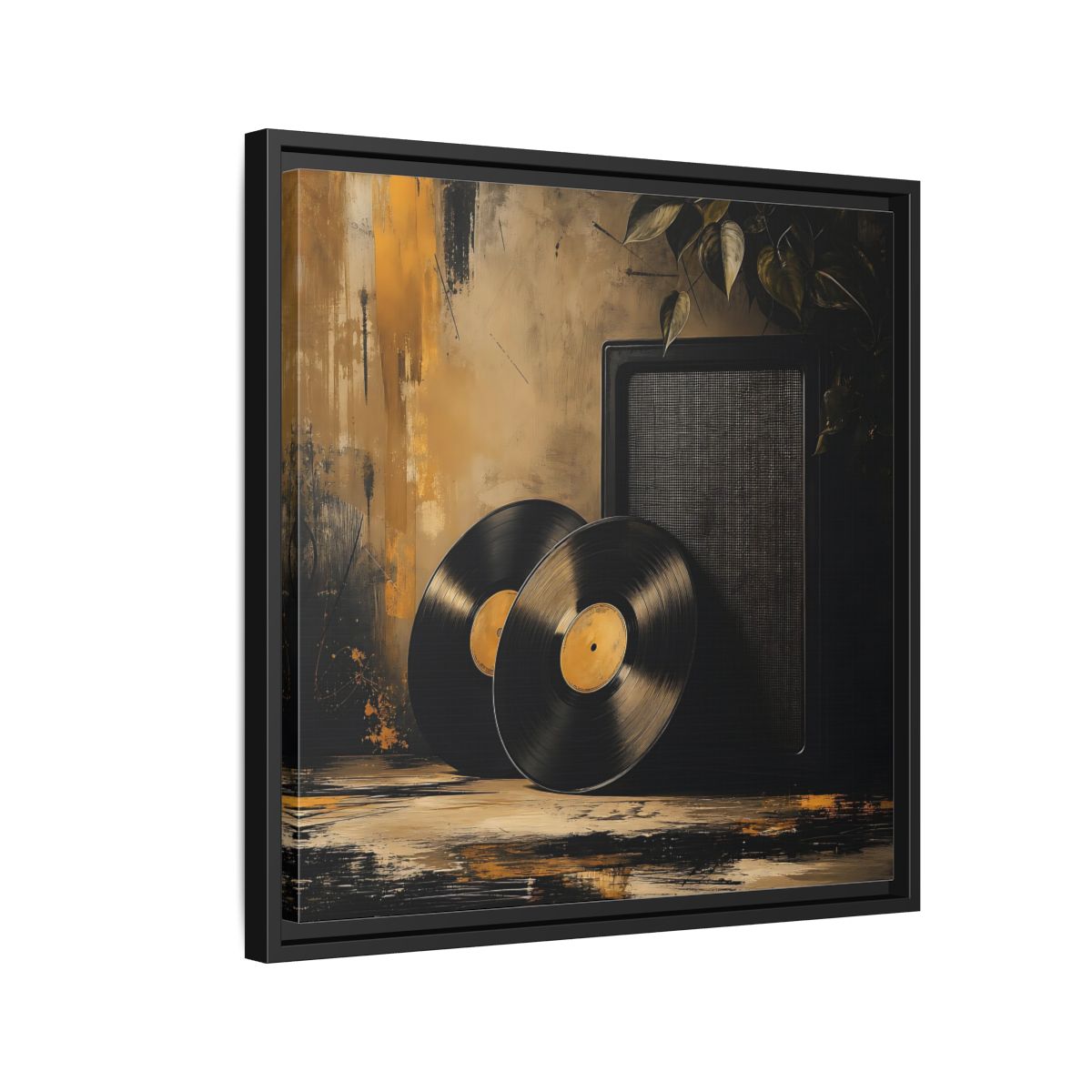 Side Mockup 12. Retro Vinyl Records Still Life shown as framed canvas print