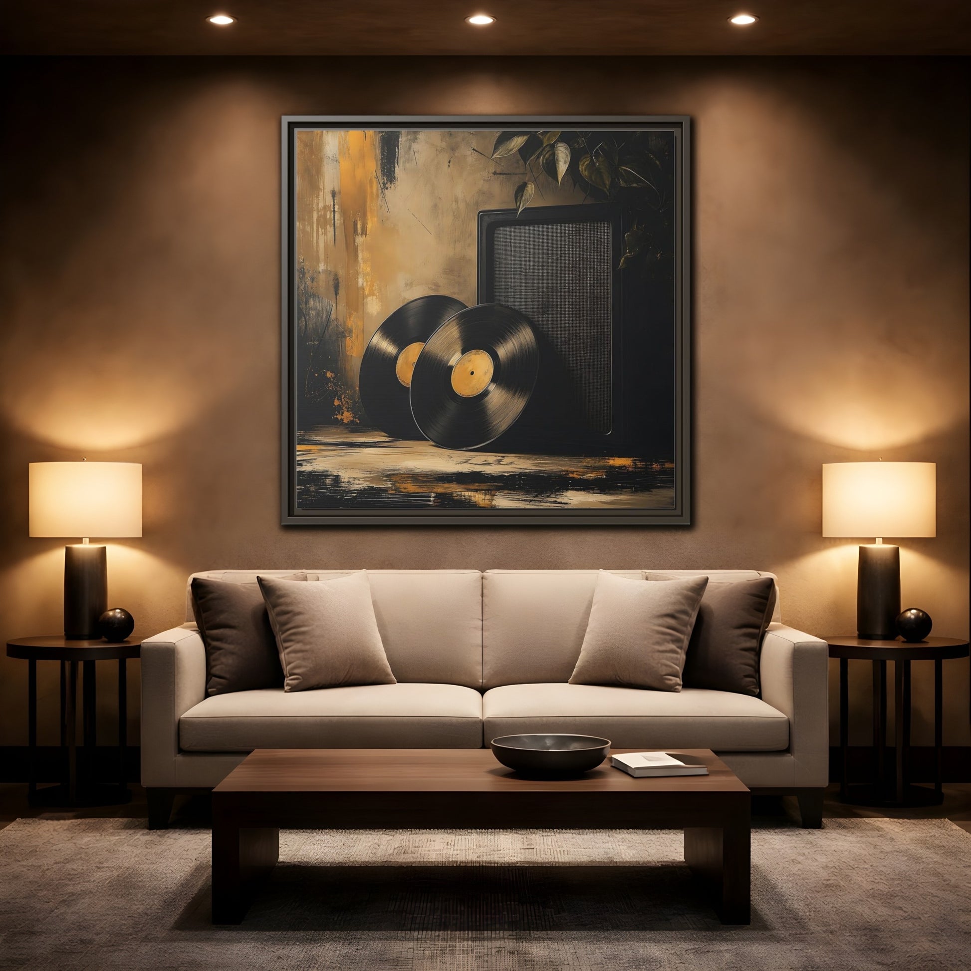 Mockup 2. Retro Vinyl Records Still Life shown as framed canvas print
