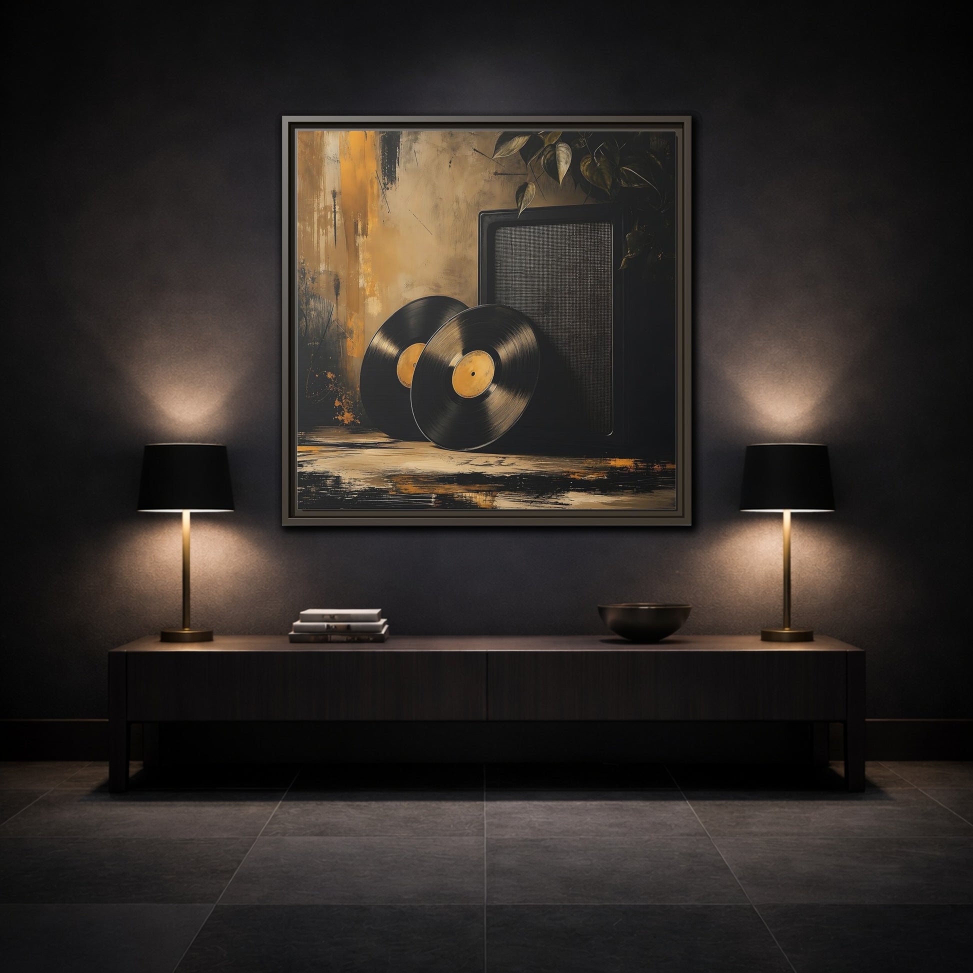 Mockup 3. Retro Vinyl Records Still Life shown as framed canvas print