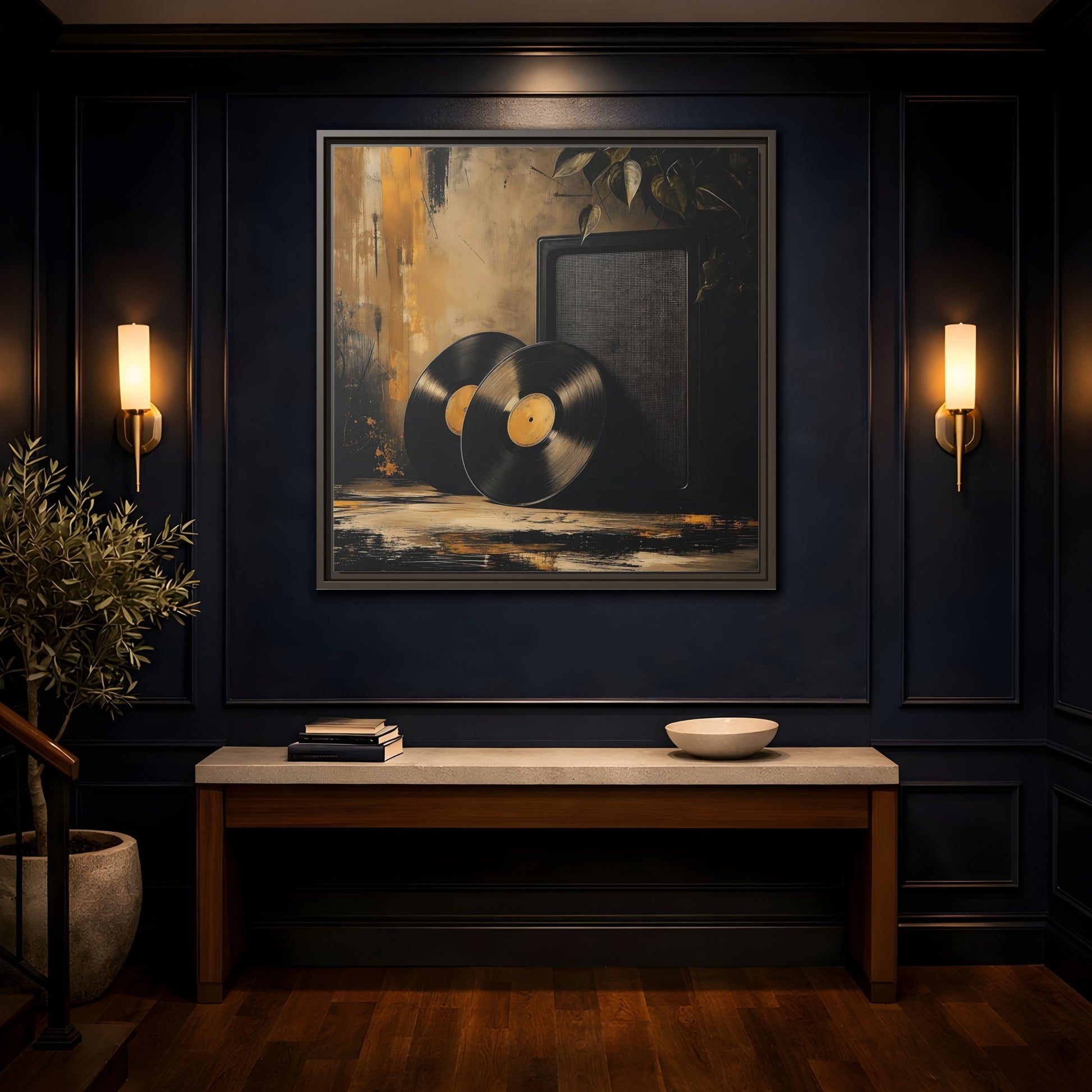 Mockup 4. Retro Vinyl Records Still Life shown as framed canvas print