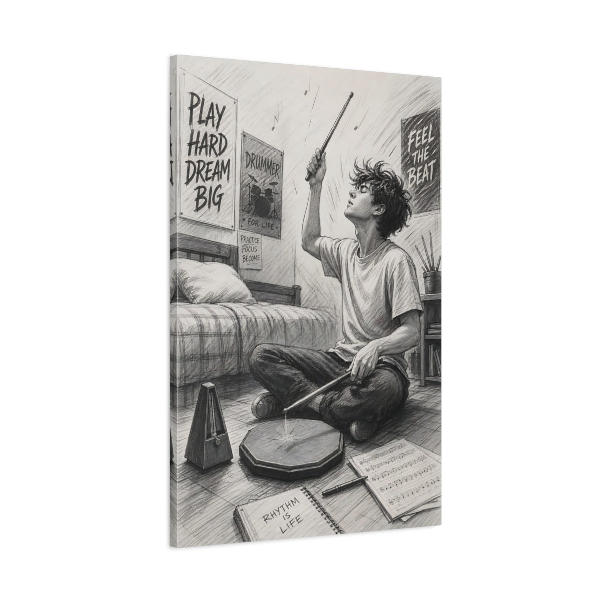 Main Mockup. Rhythm Is Life Drummer shown as canvas print