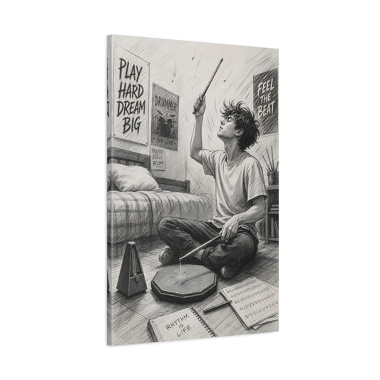 Main Mockup. Rhythm Is Life Drummer shown as canvas print