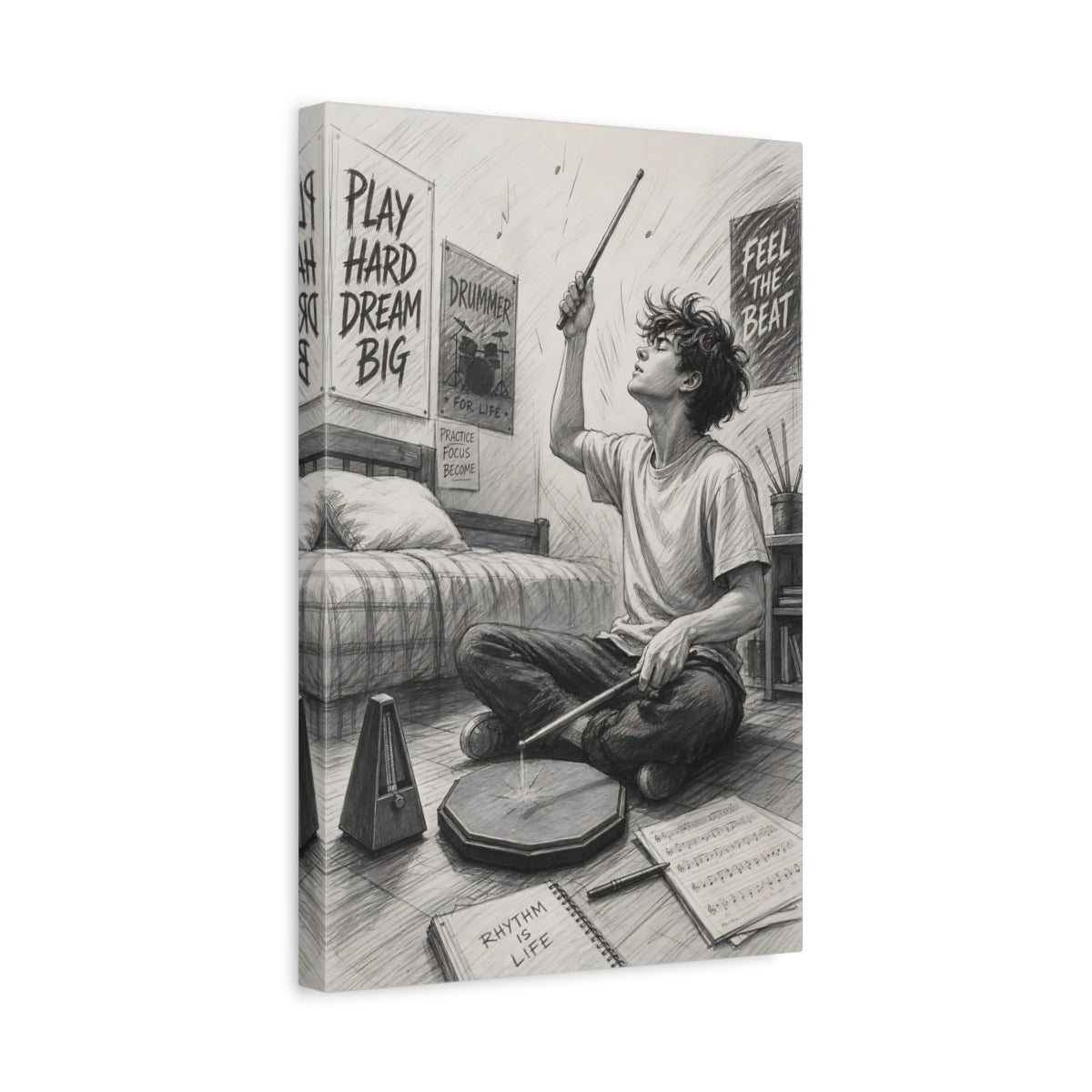 Side Mockup 4. Rhythm Is Life Drummer shown as canvas print
