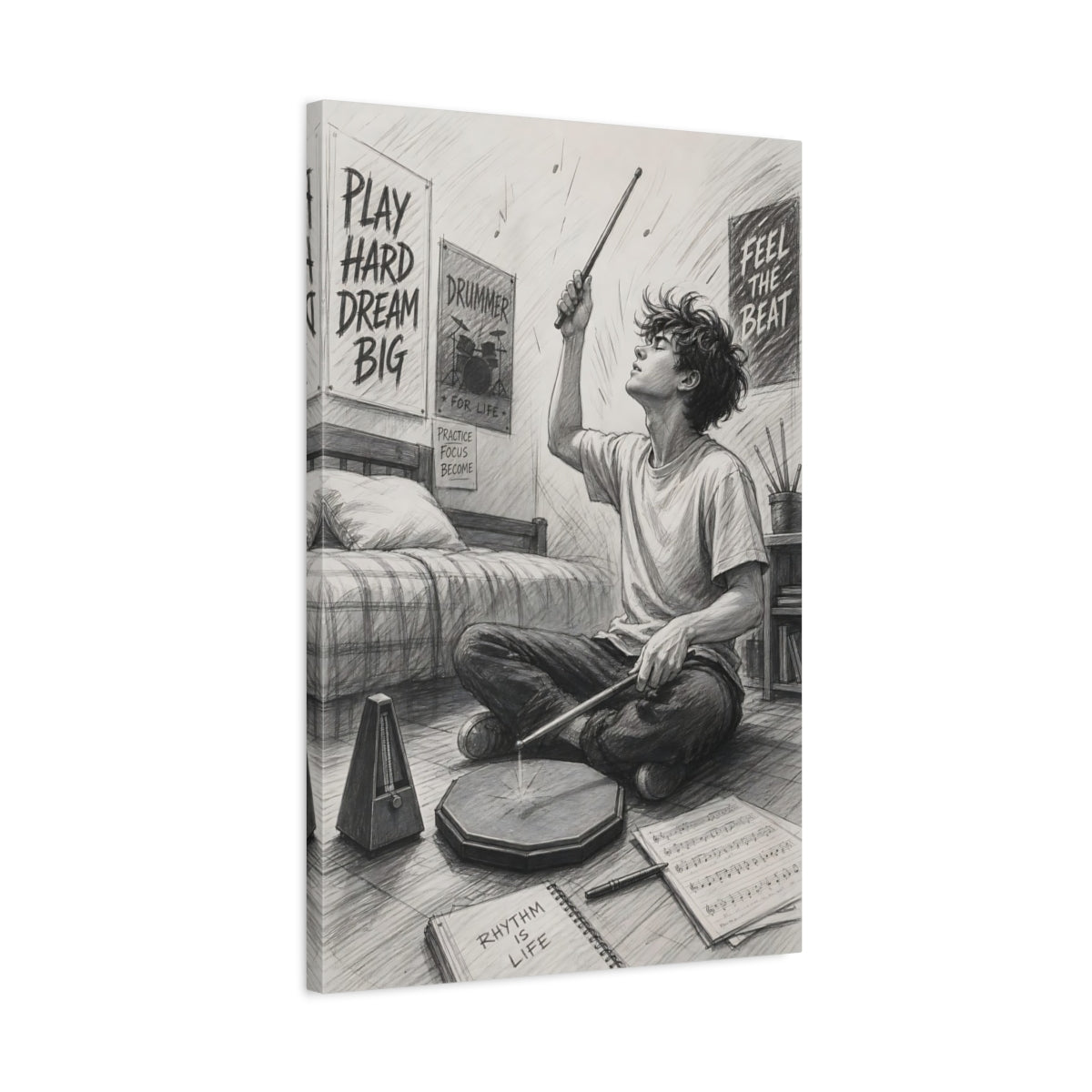 Side Mockup 2. Rhythm Is Life Drummer shown as canvas print
