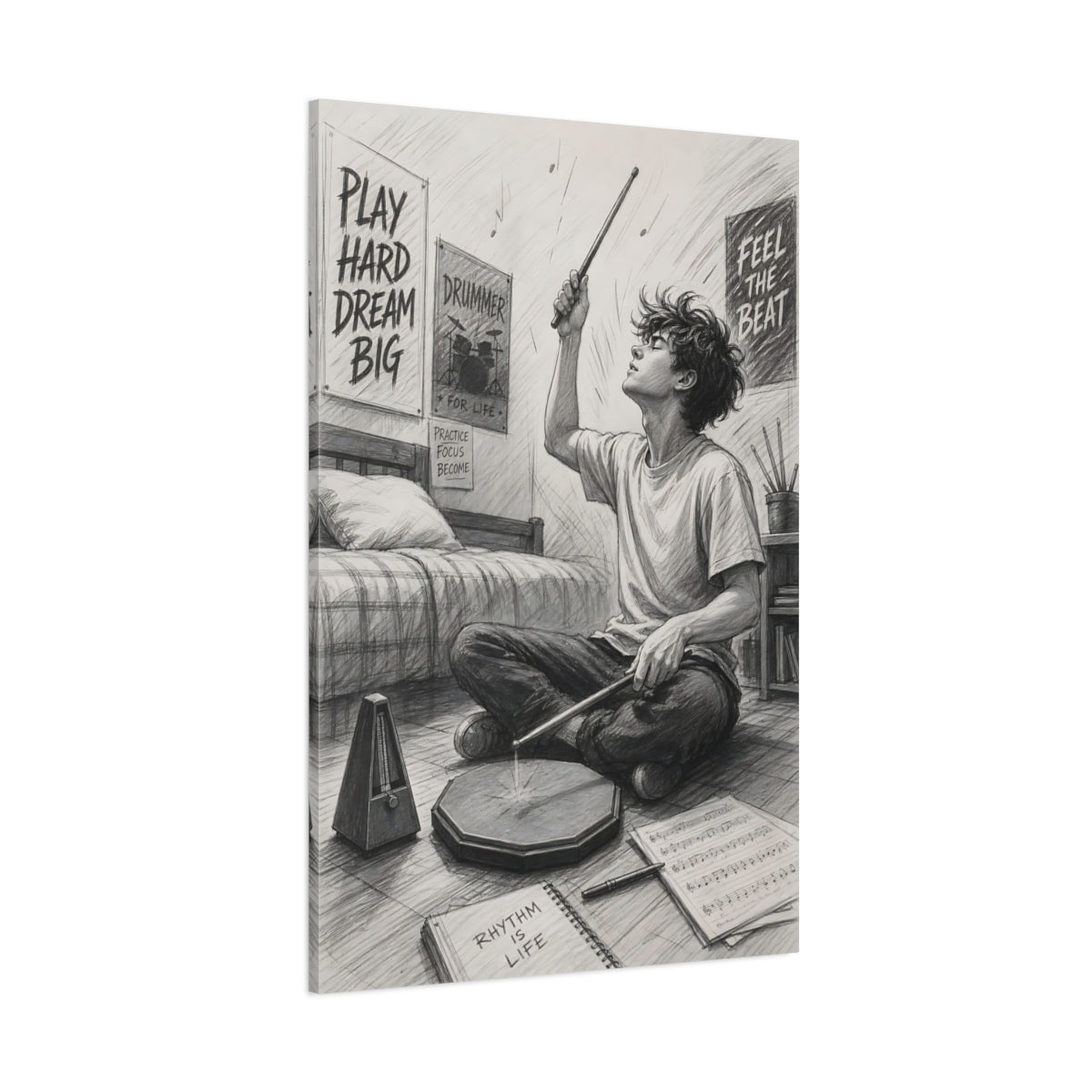 Side Mockup 1. Rhythm Is Life Drummer shown as canvas print