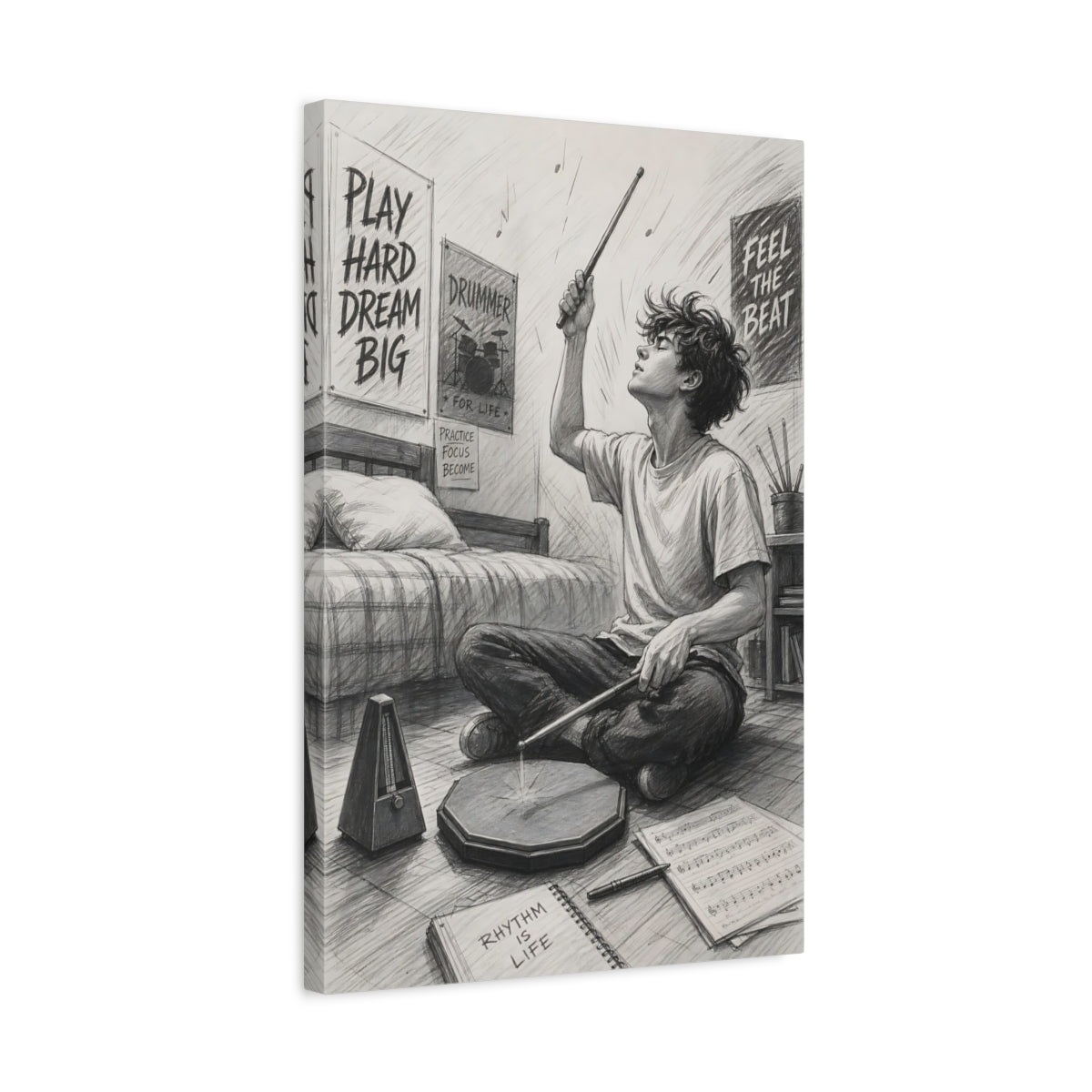 Side Mockup 3. Rhythm Is Life Drummer shown as canvas print