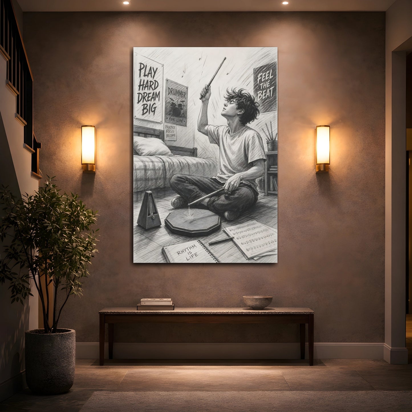 Mockup 2. Rhythm Is Life Drummer shown as canvas print