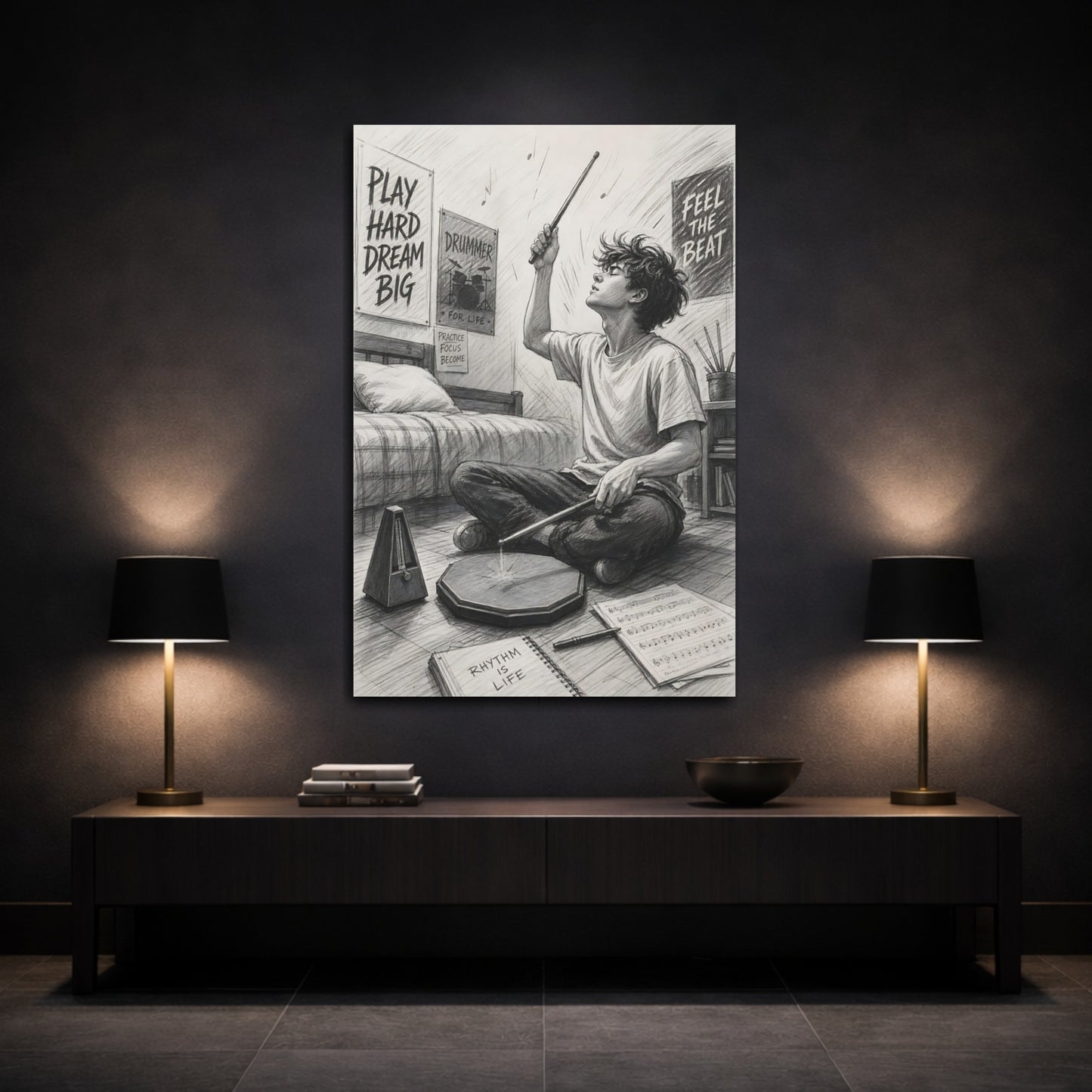 Mockup 3. Rhythm Is Life Drummer shown as canvas print