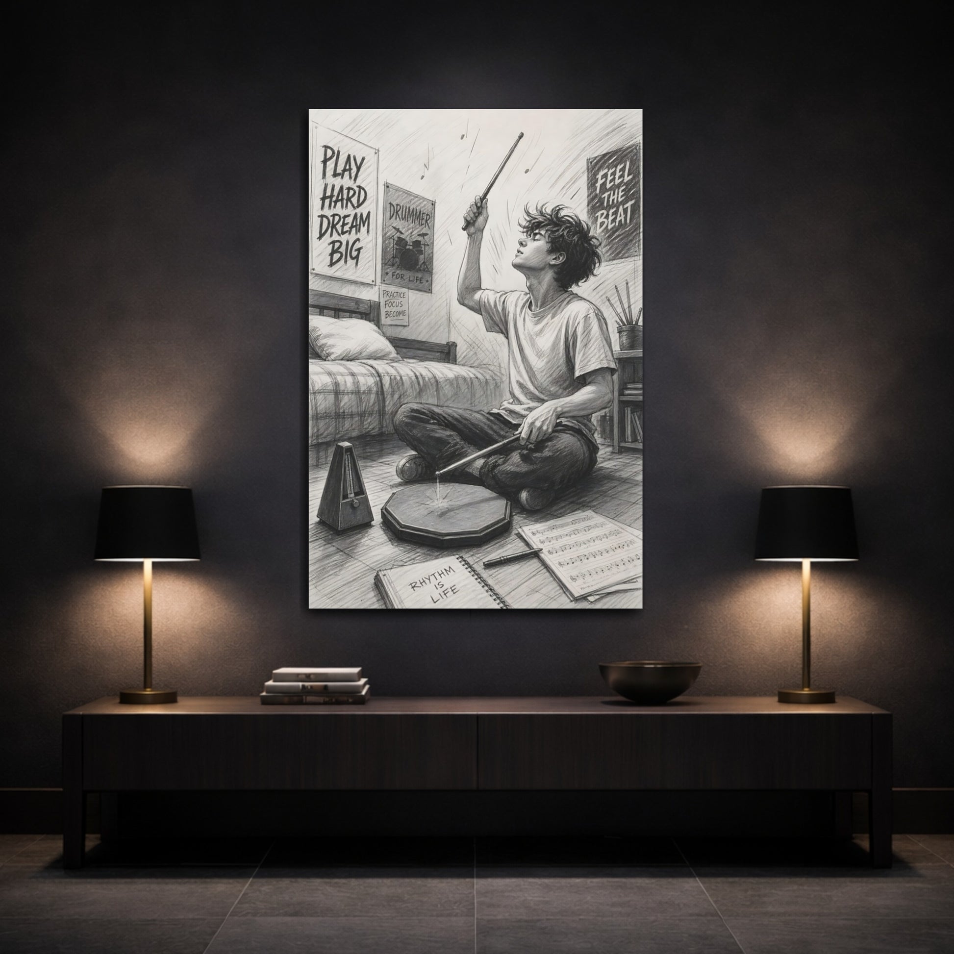 Mockup 3. Rhythm Is Life Drummer shown as canvas print