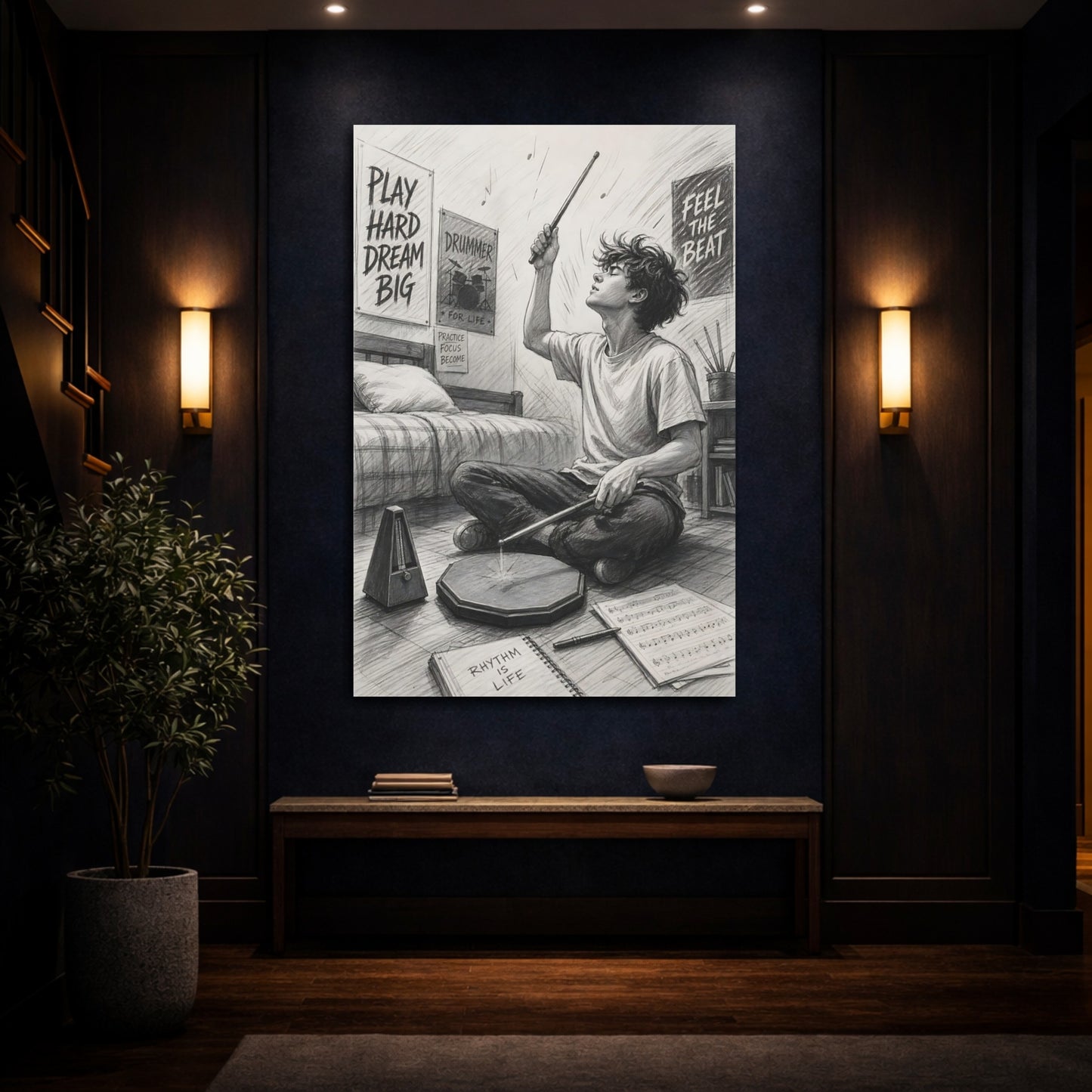 Mockup 4. Rhythm Is Life Drummer shown as canvas print