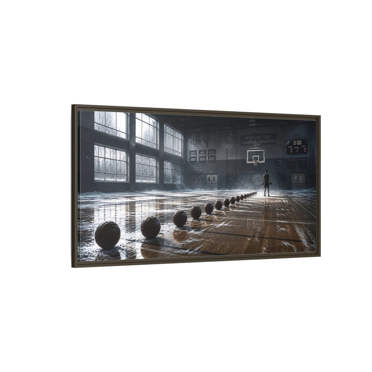 Side Mockup 4. Rim-Lit Basketball Practice shown as framed canvas print