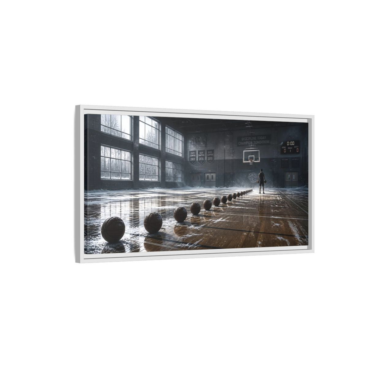 Side Mockup 1. Rim-Lit Basketball Practice shown as framed canvas print