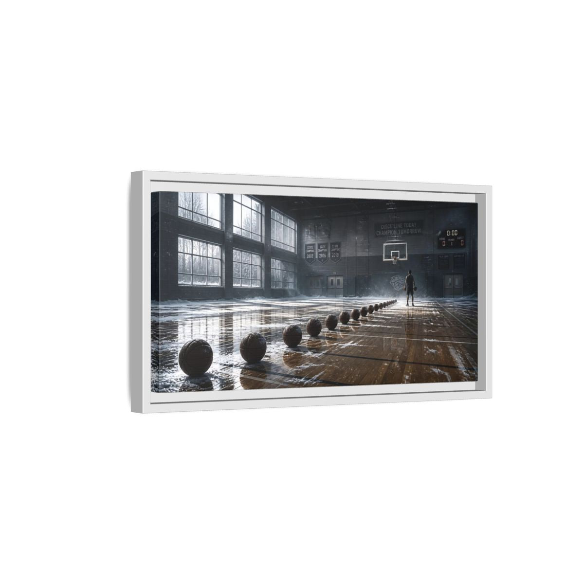 Side Mockup 6. Rim-Lit Basketball Practice shown as framed canvas print