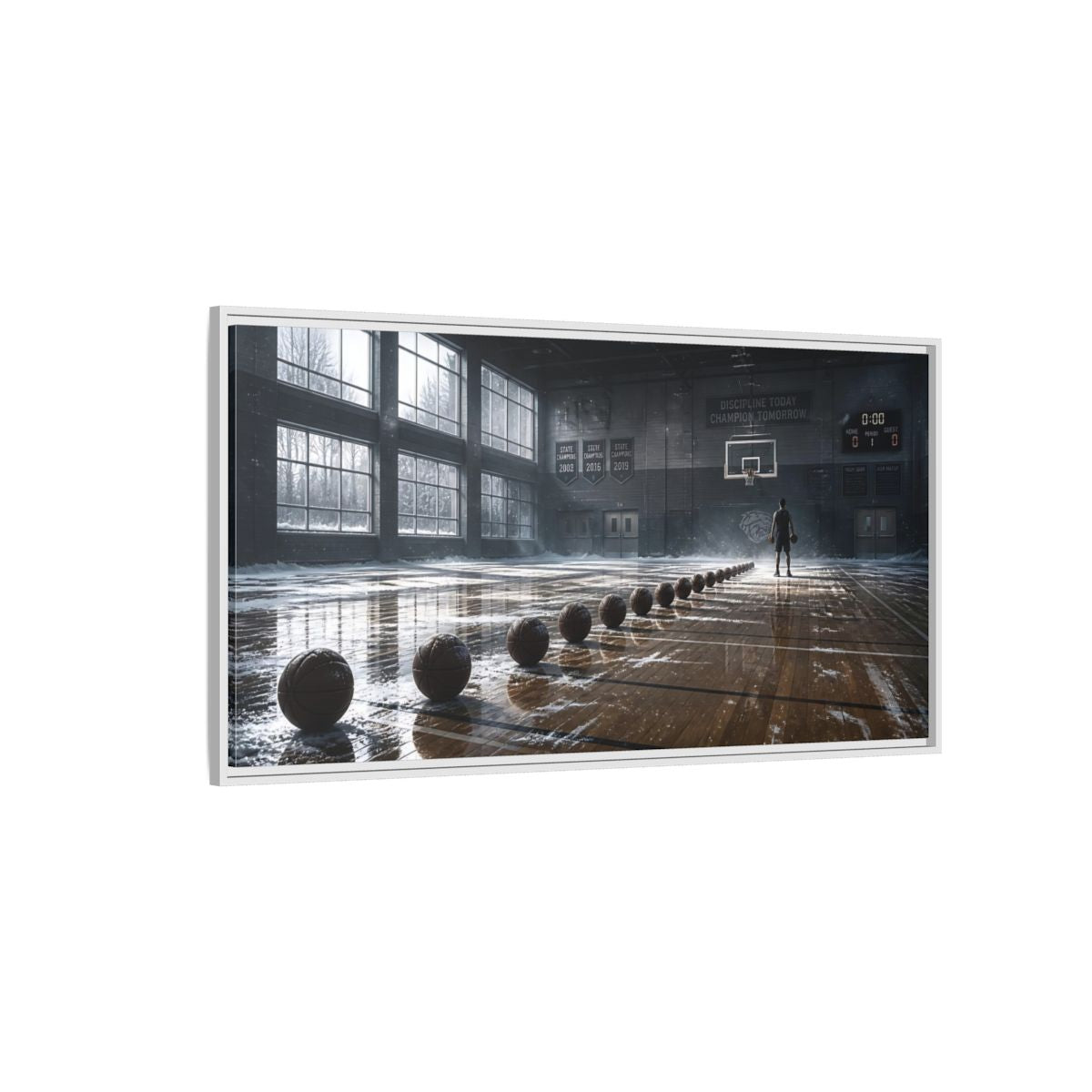 Side Mockup 3. Rim-Lit Basketball Practice shown as framed canvas print
