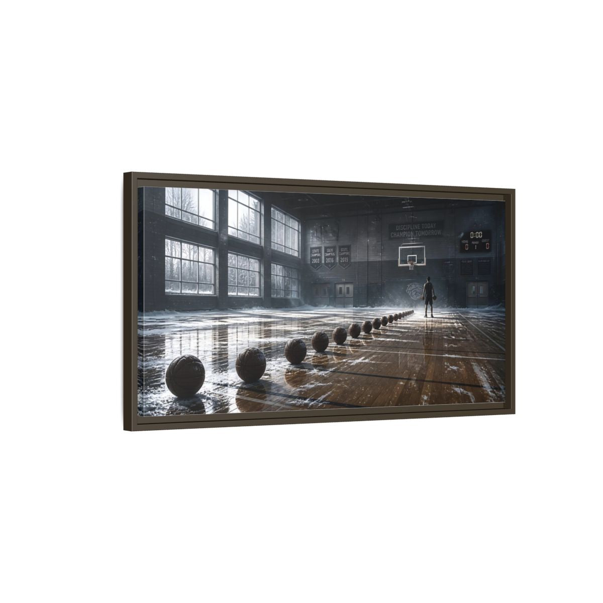 Main Mockup. Rim-Lit Basketball Practice shown as framed canvas print
