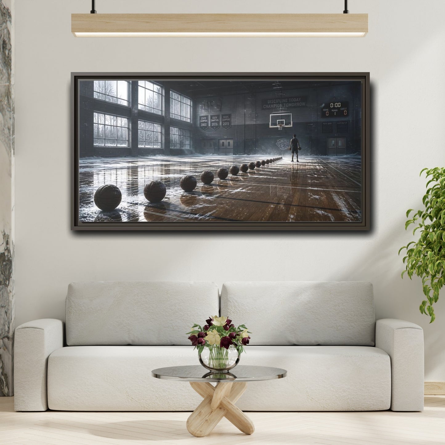 Mockup 2. Rim-Lit Basketball Practice shown as framed canvas print