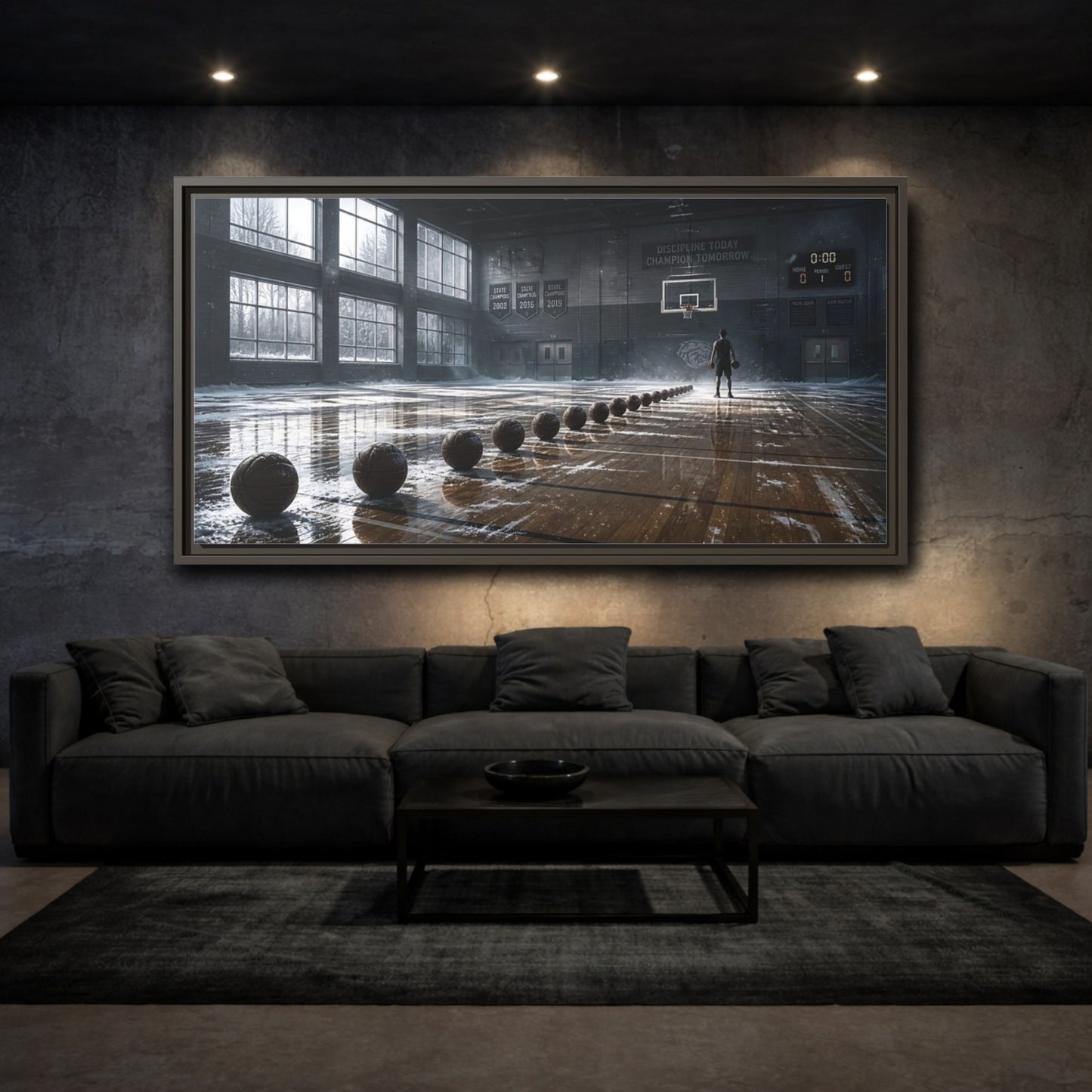 Mockup 3. Rim-Lit Basketball Practice shown as framed canvas print
