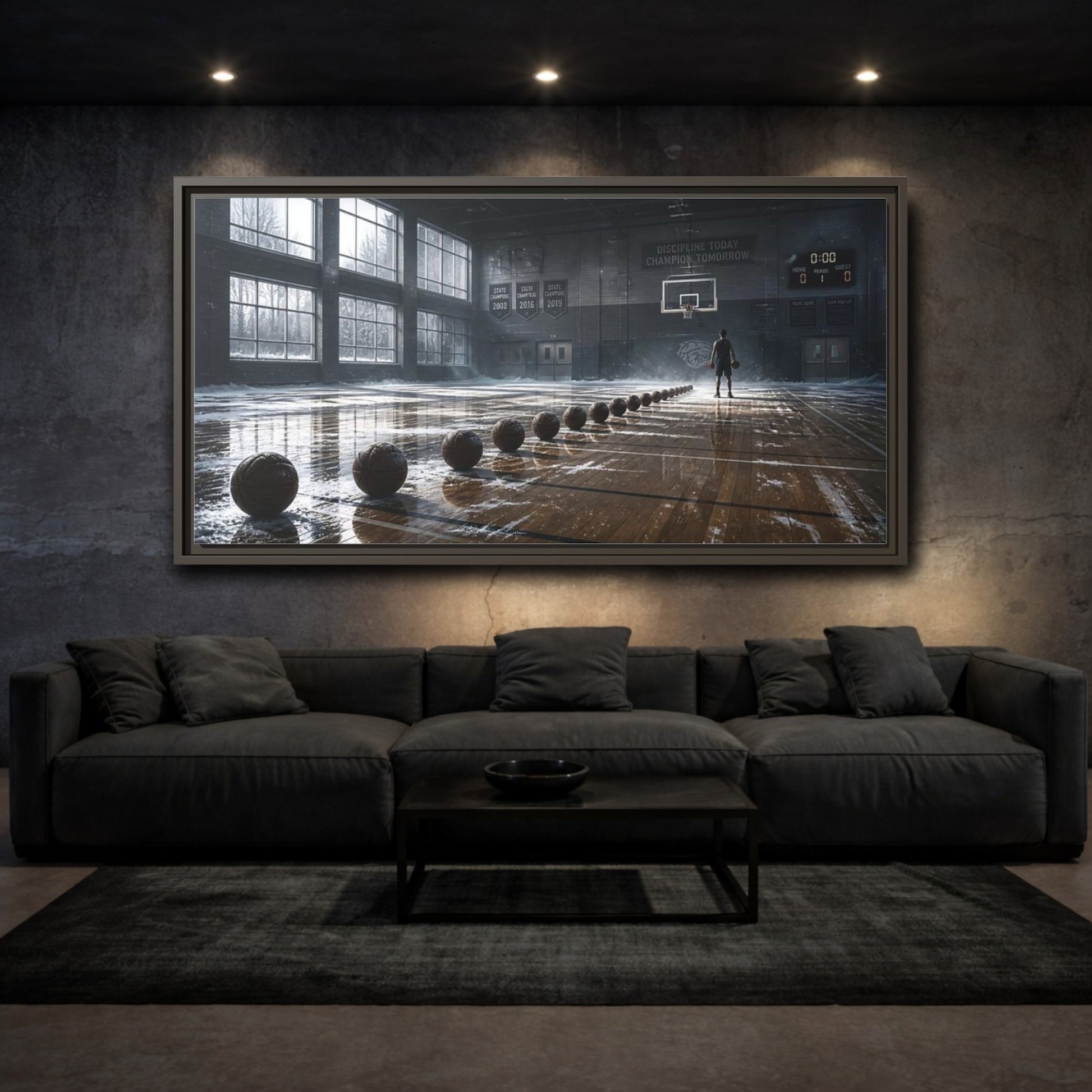 Mockup 3. Rim-Lit Basketball Practice shown as framed canvas print