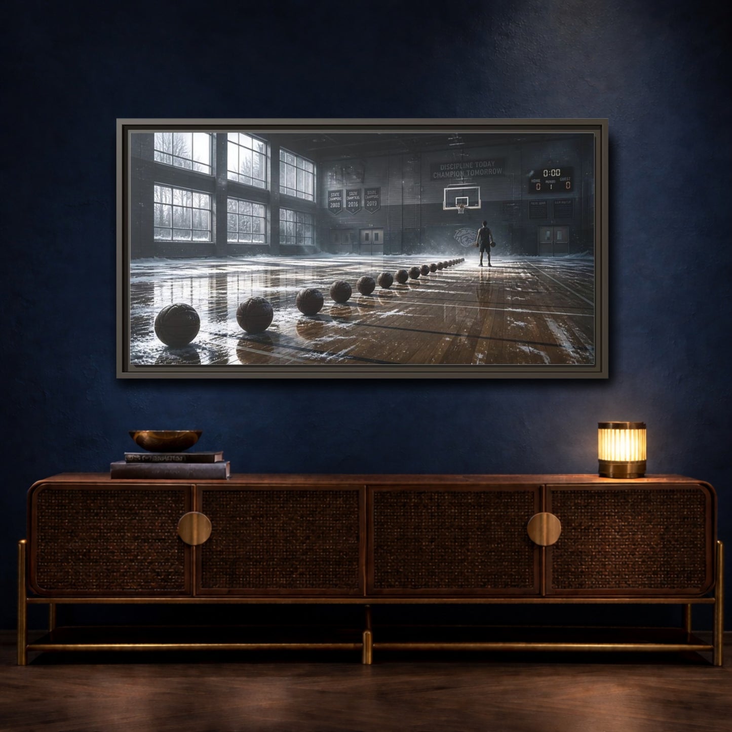 Mockup 4. Rim-Lit Basketball Practice shown as framed canvas print