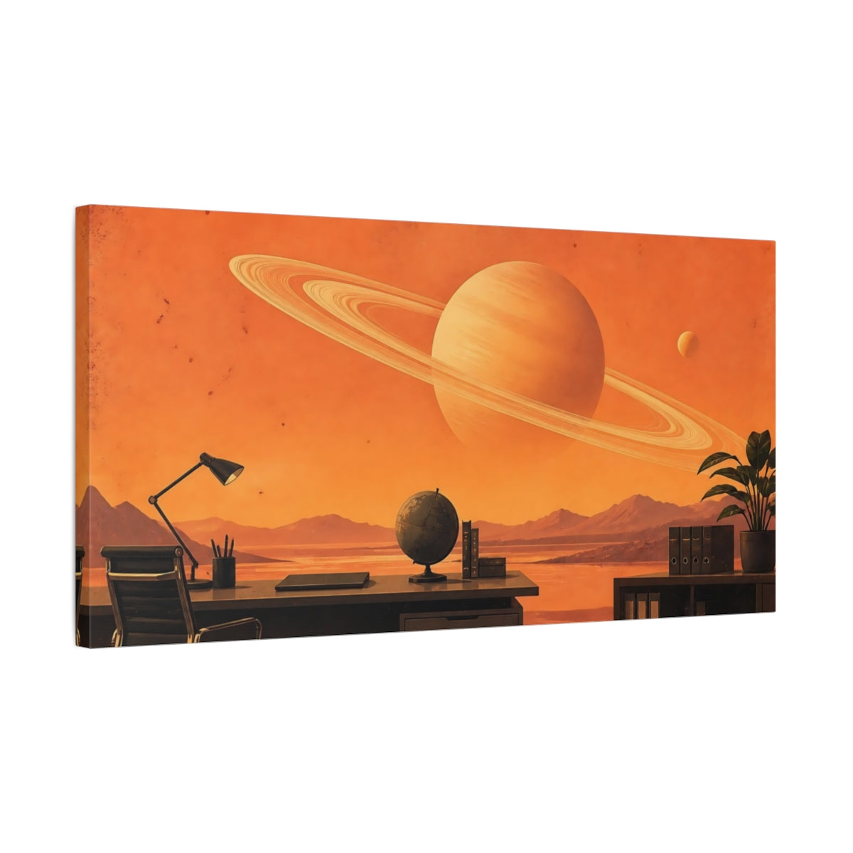 Side Mockup 1. Ringed Planet Office Vista shown as canvas print