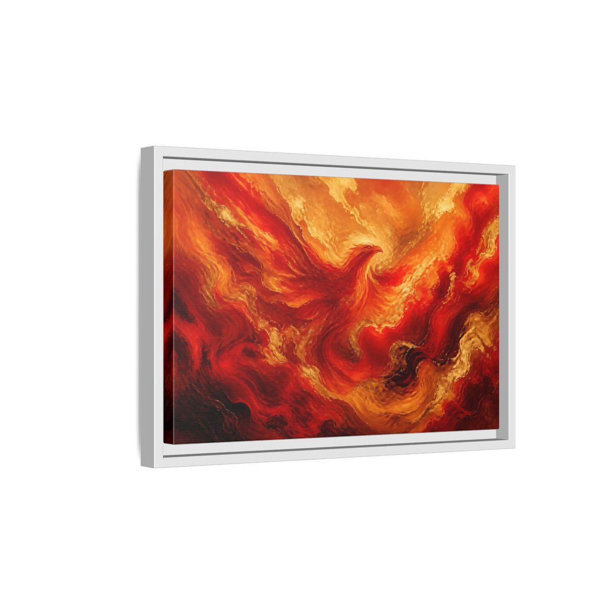 Side Mockup 4. Rising Ember Phoenix shown as framed canvas print