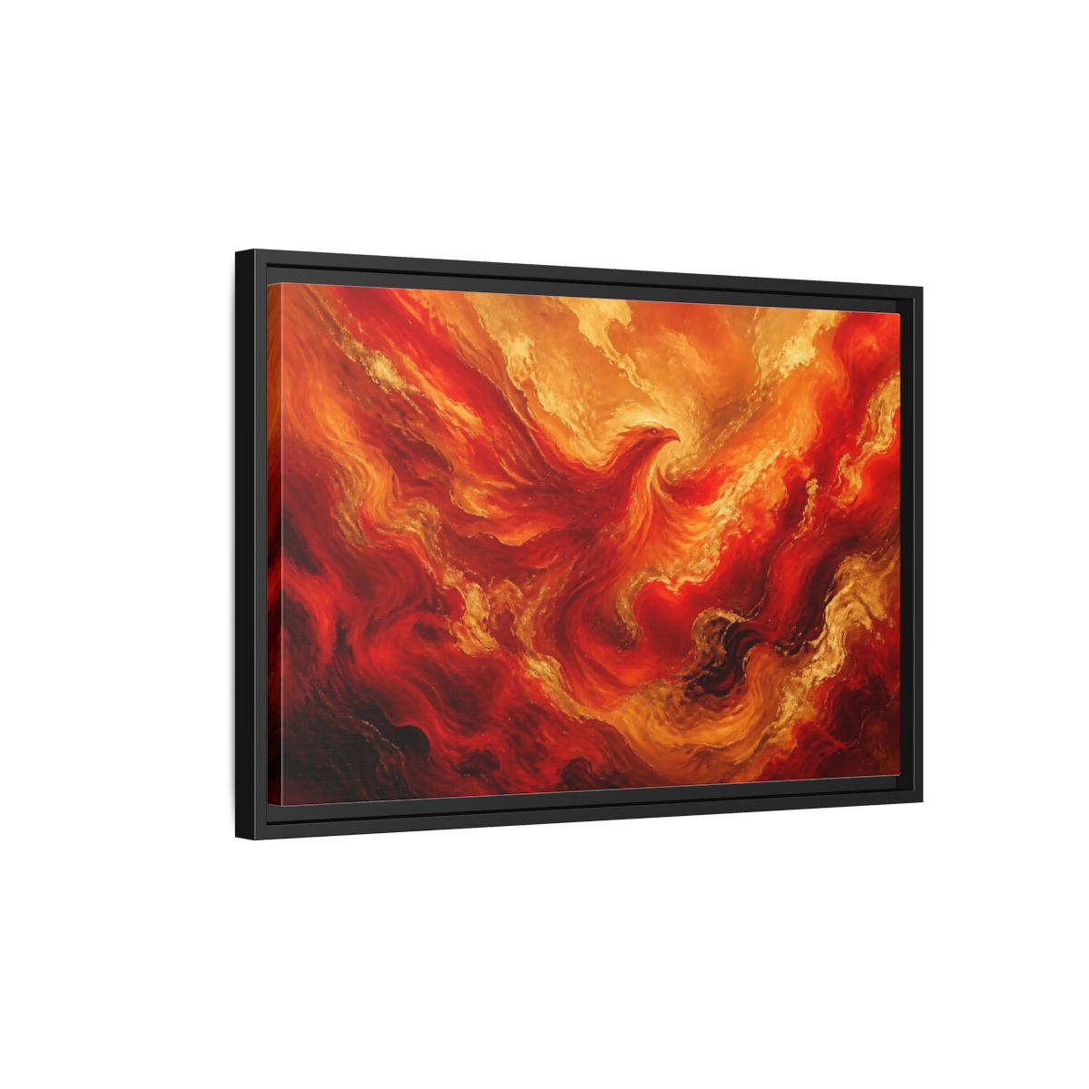 Side Mockup 3. Rising Ember Phoenix shown as framed canvas print