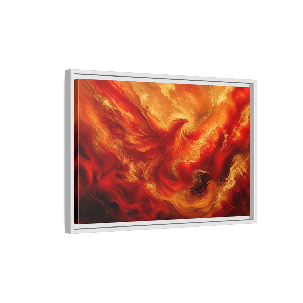 Side Mockup 1. Rising Ember Phoenix shown as framed canvas print