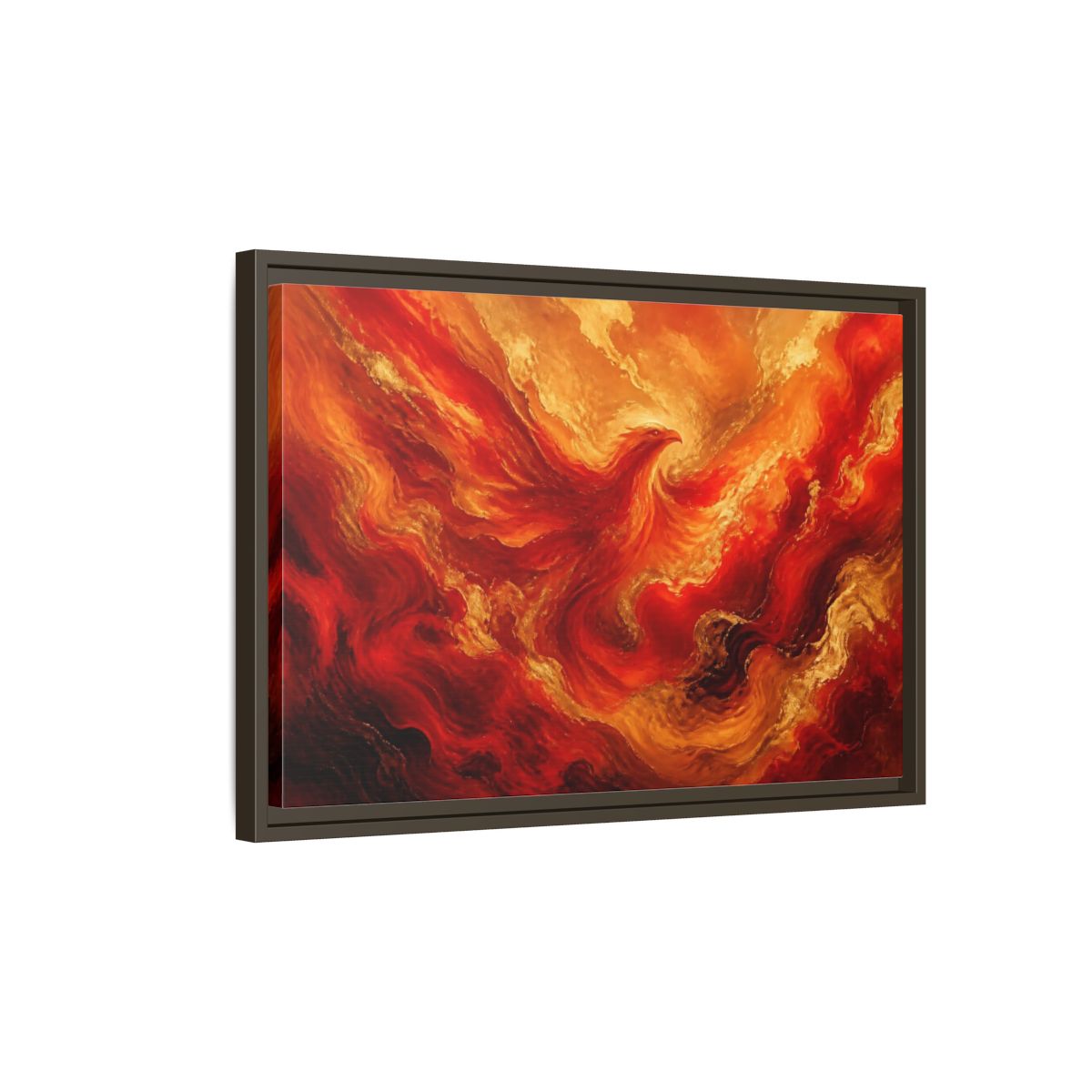 Side Mockup 2. Rising Ember Phoenix shown as framed canvas print