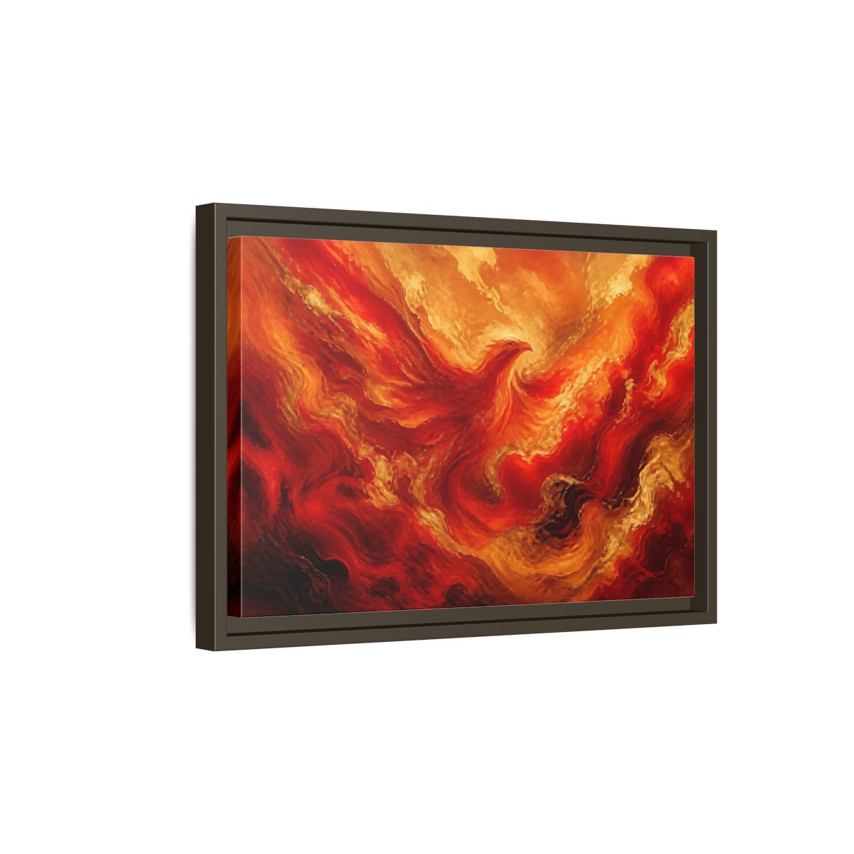 Side Mockup 5. Rising Ember Phoenix shown as framed canvas print
