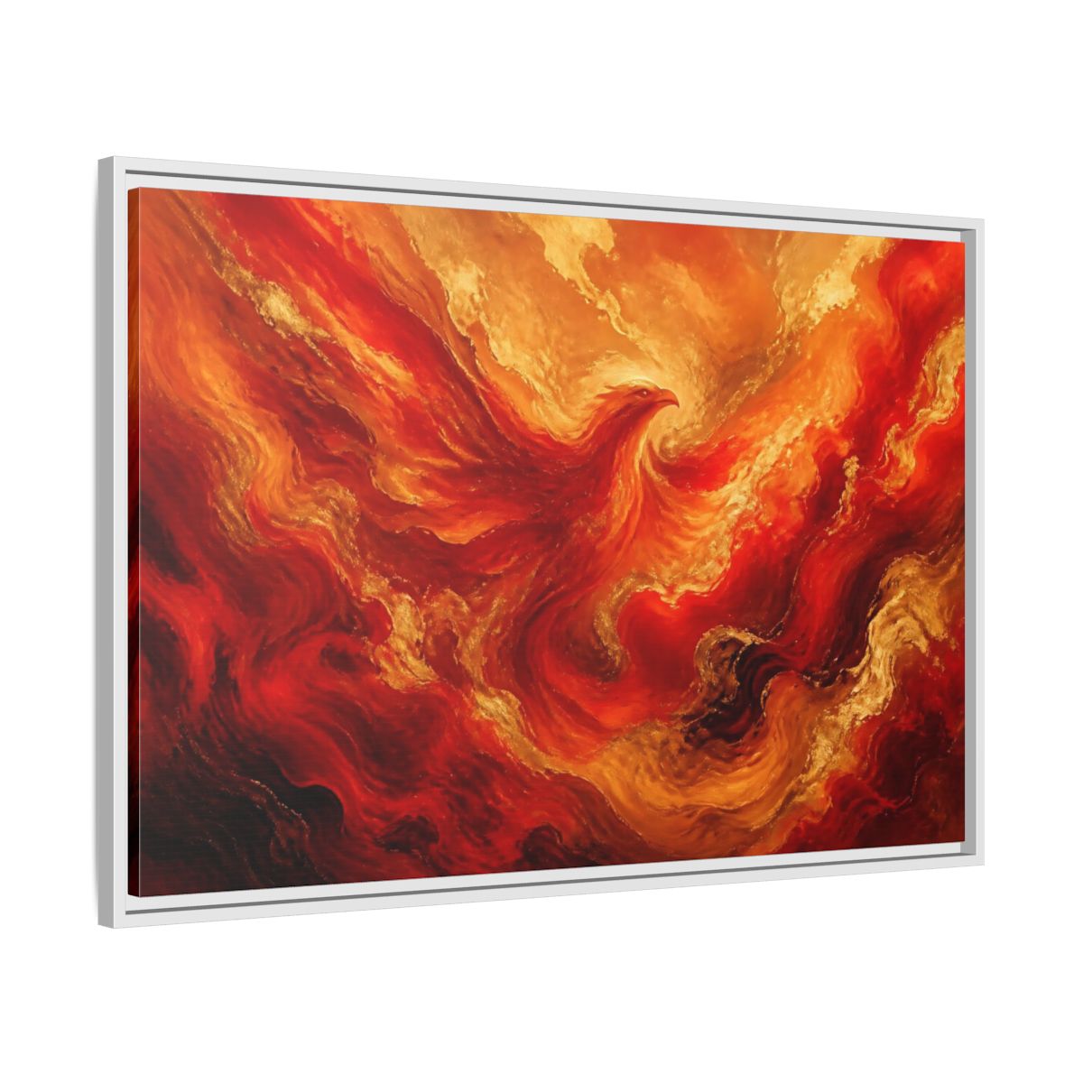 Side Mockup 9. Rising Ember Phoenix shown as framed canvas print