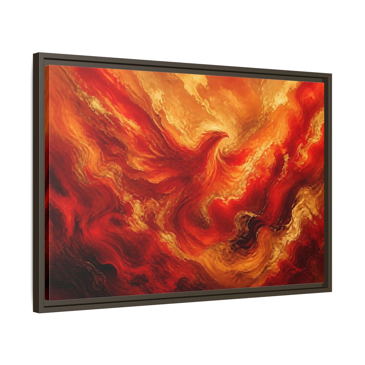 Side Mockup 11. Rising Ember Phoenix shown as framed canvas print