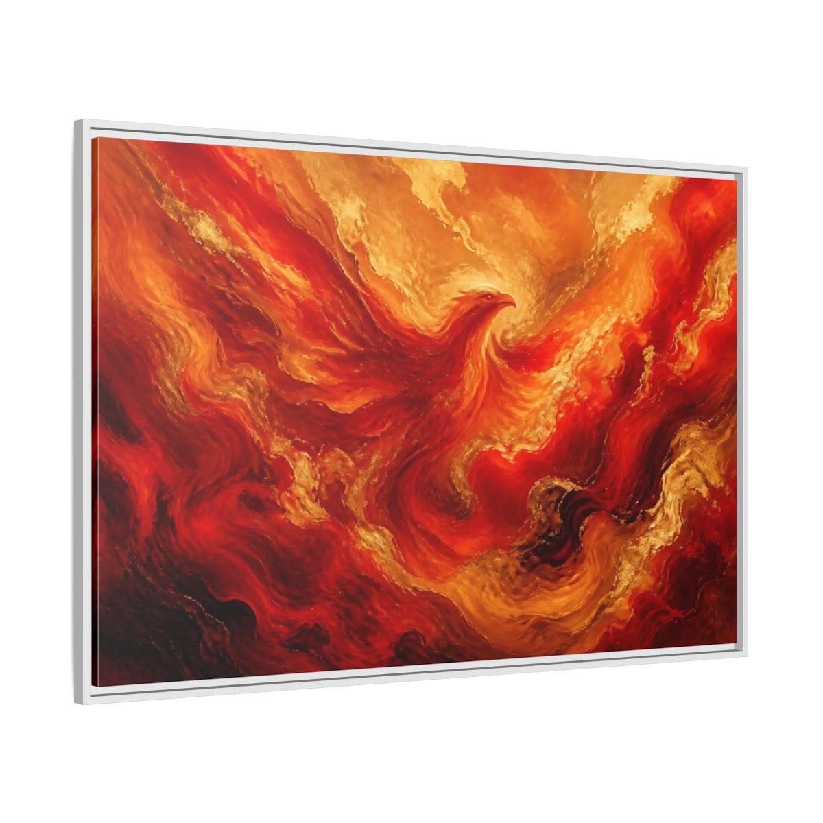 Side Mockup 7. Rising Ember Phoenix shown as framed canvas print