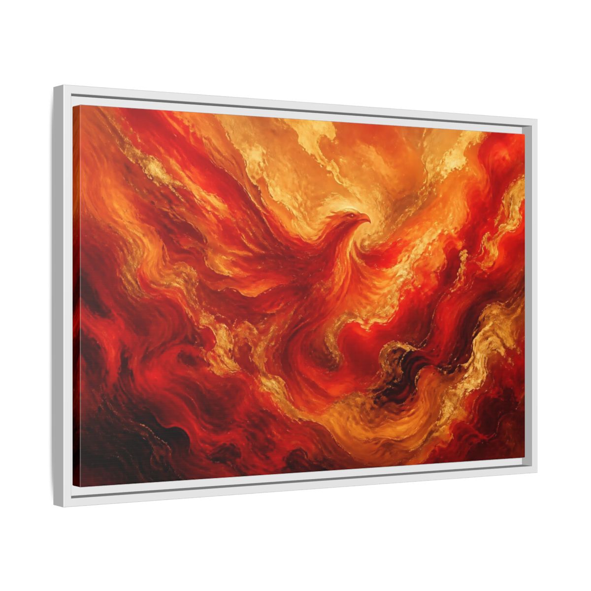 Side Mockup 10. Rising Ember Phoenix shown as framed canvas print