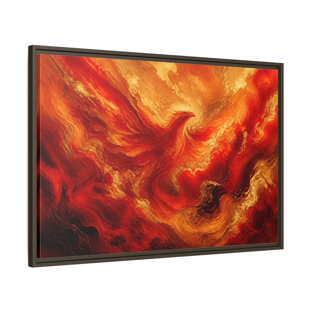 Main Mockup. Rising Ember Phoenix shown as framed canvas print