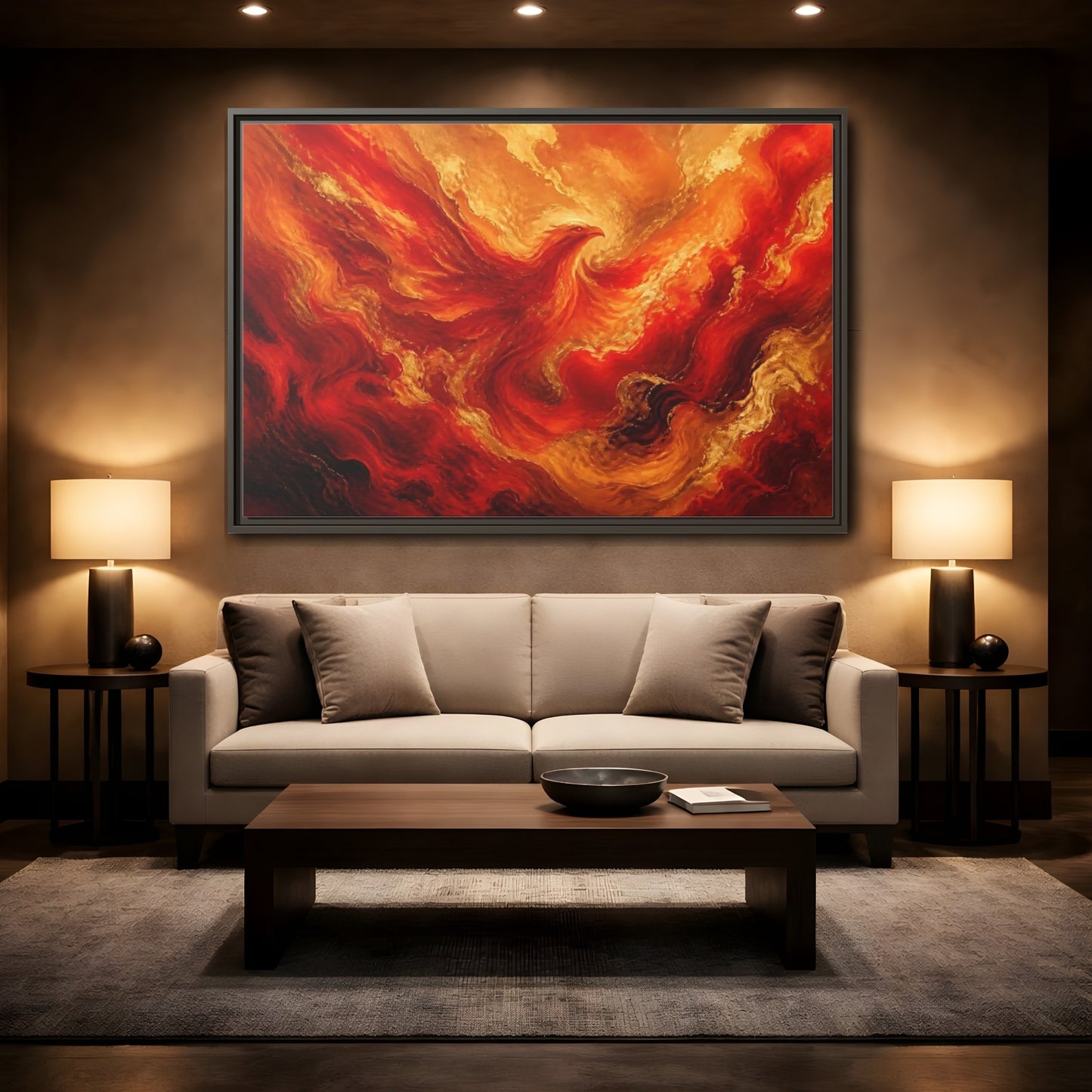 Mockup 2. Rising Ember Phoenix shown as framed canvas print