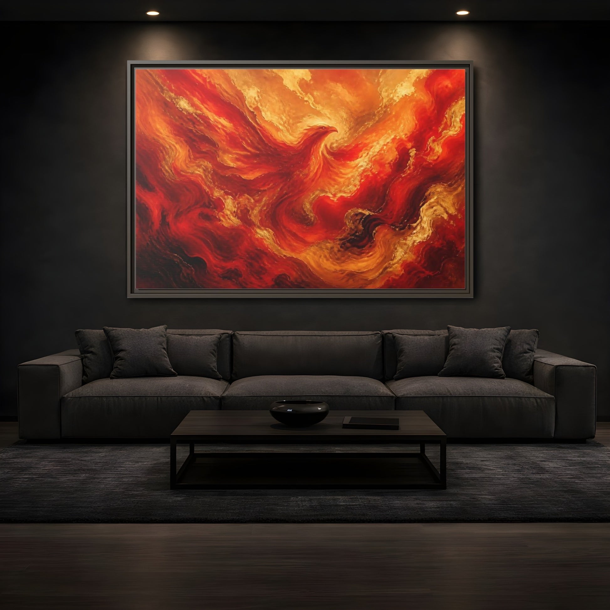 Mockup 3. Rising Ember Phoenix shown as framed canvas print