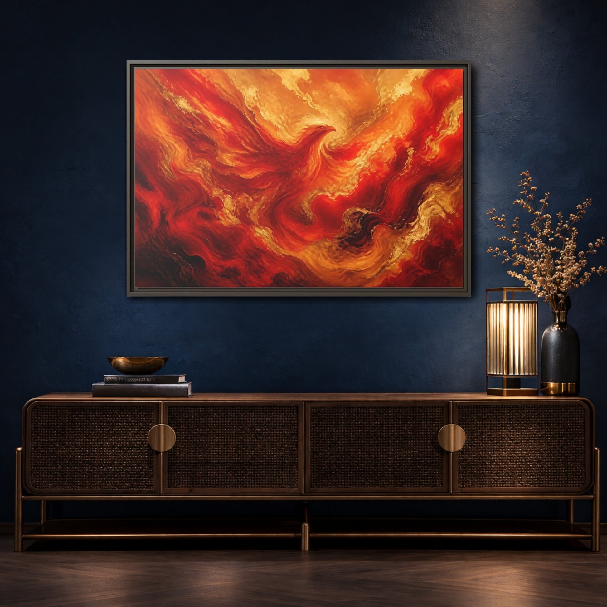 Mockup 4. Rising Ember Phoenix shown as framed canvas print
