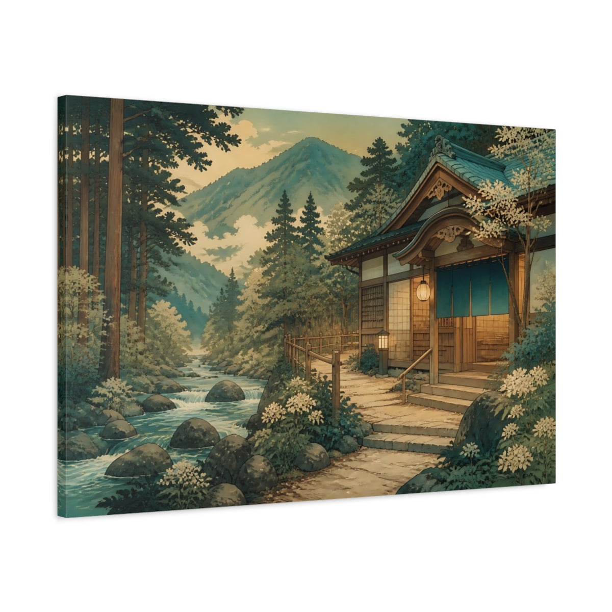 Main Mockup. Riverside Bathhouse Retreat shown as canvas print