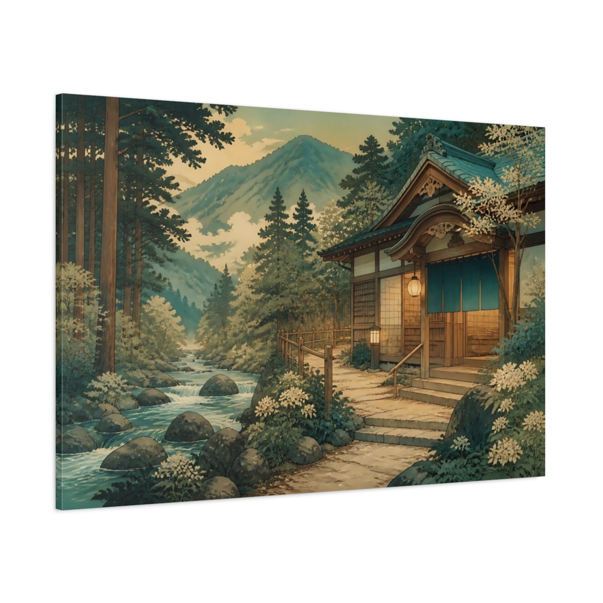 Side Mockup 1. Riverside Bathhouse Retreat shown as canvas print