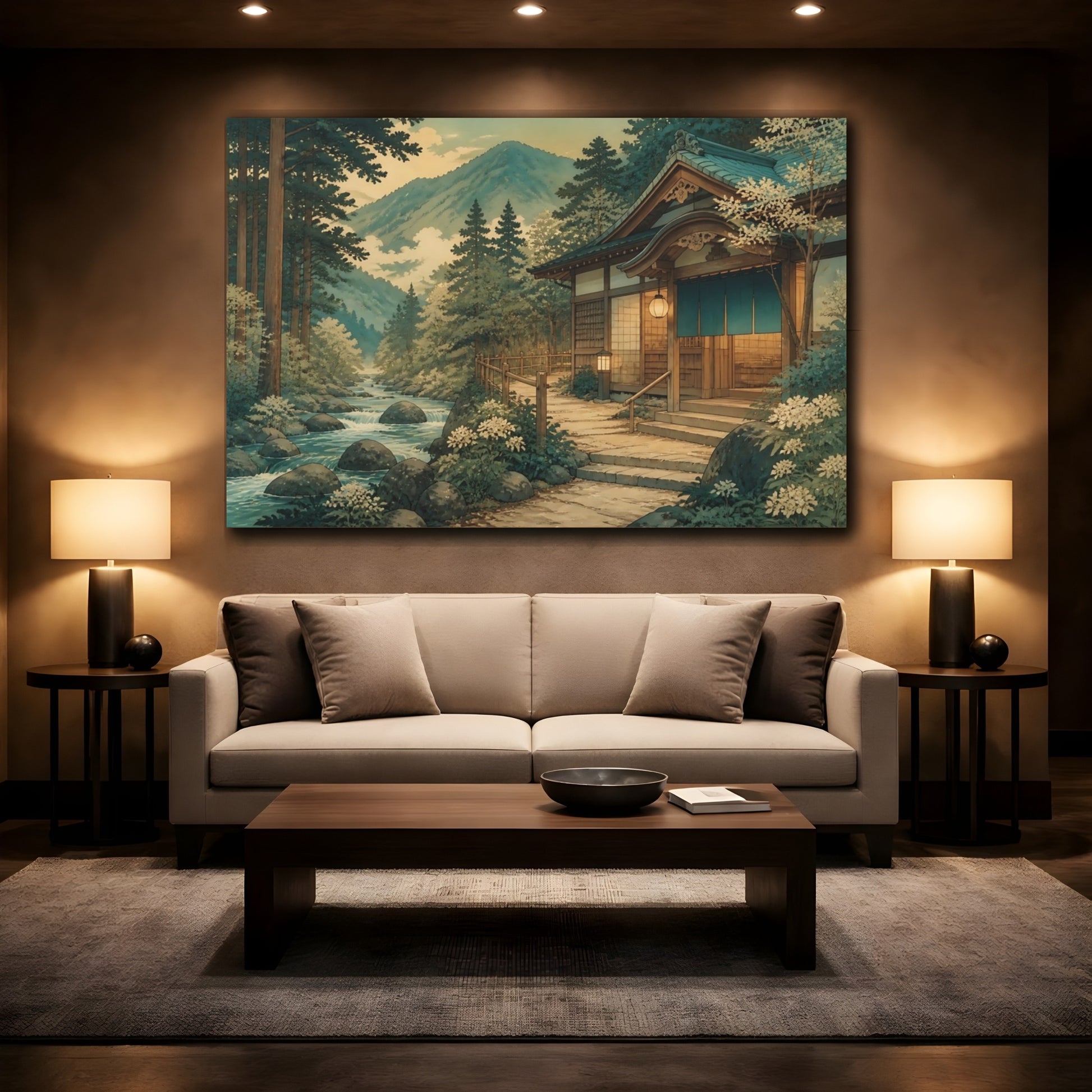 Mockup 2. Riverside Bathhouse Retreat shown as canvas print