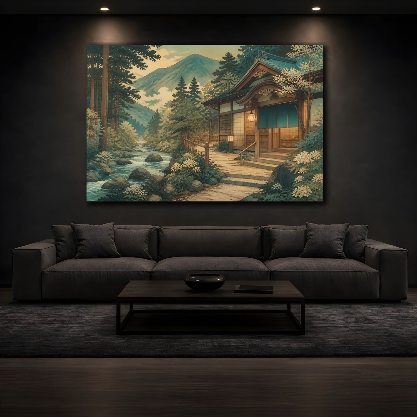 Mockup 3. Riverside Bathhouse Retreat shown as canvas print