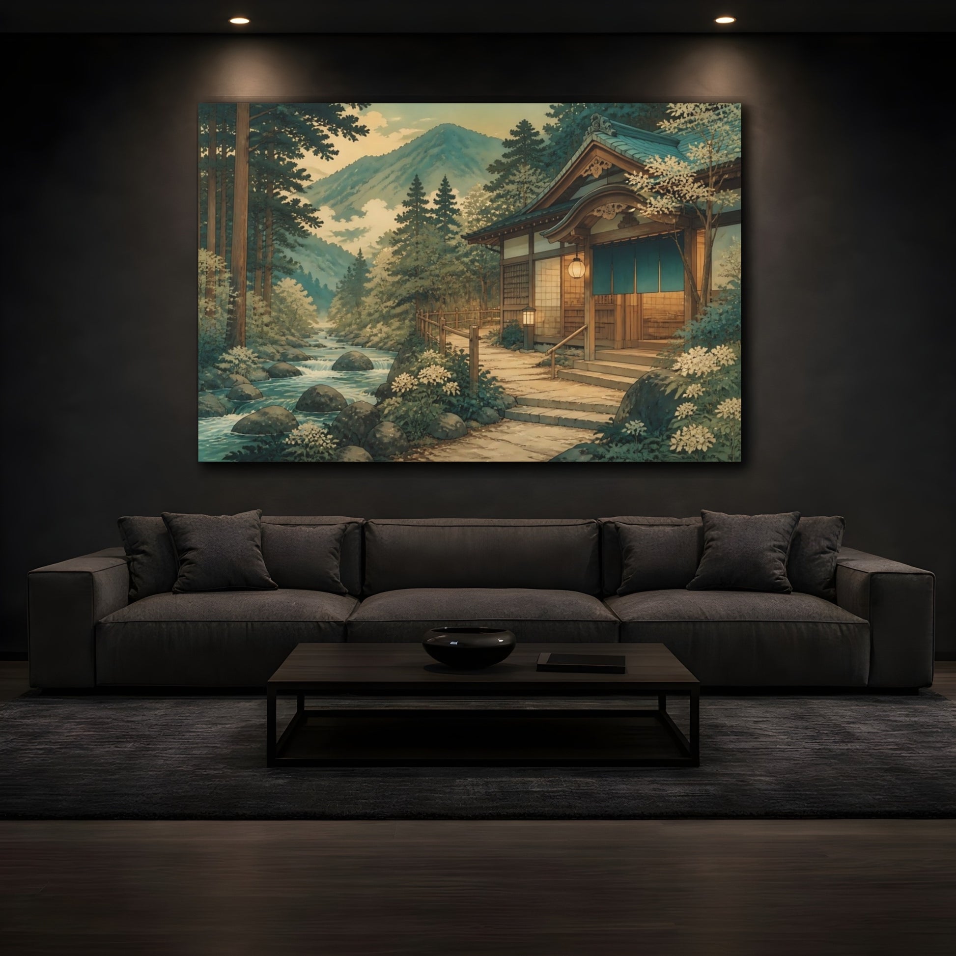 Mockup 3. Riverside Bathhouse Retreat shown as canvas print