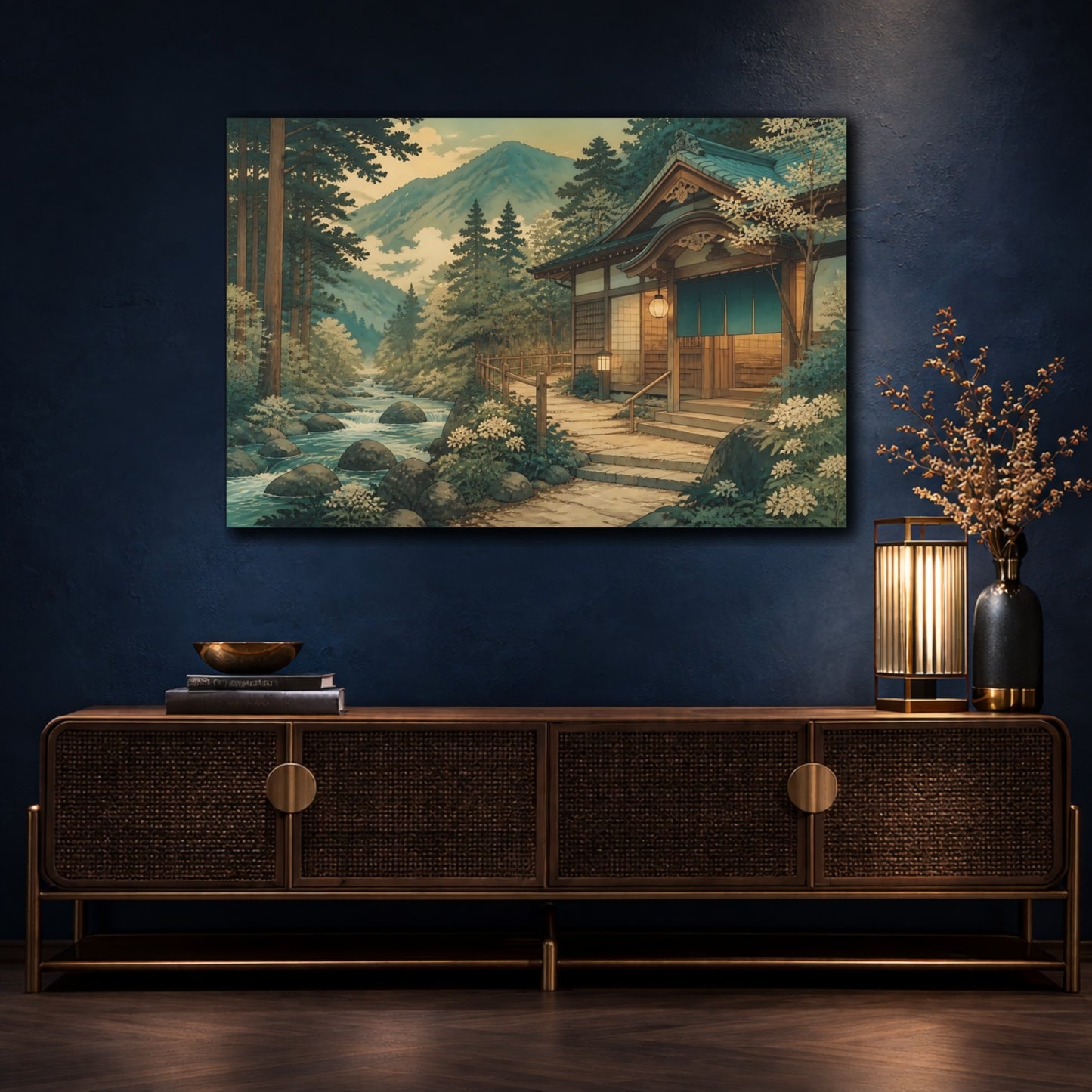 Mockup 4. Riverside Bathhouse Retreat shown as canvas print