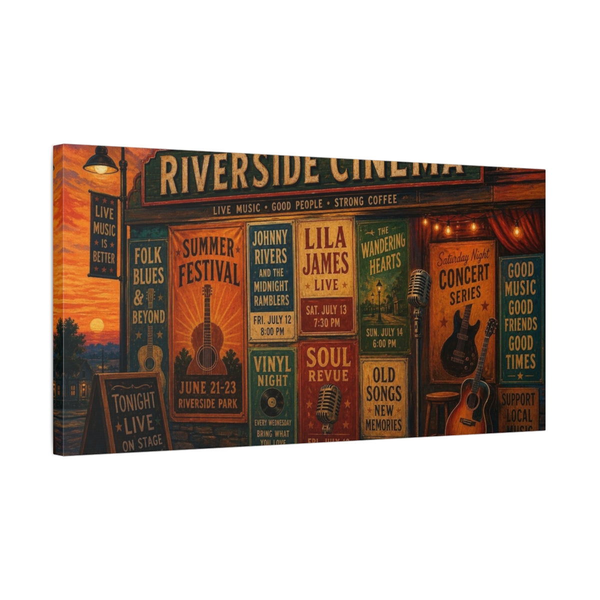 Side Mockup 1. Riverside Cinema Concerts shown as canvas print