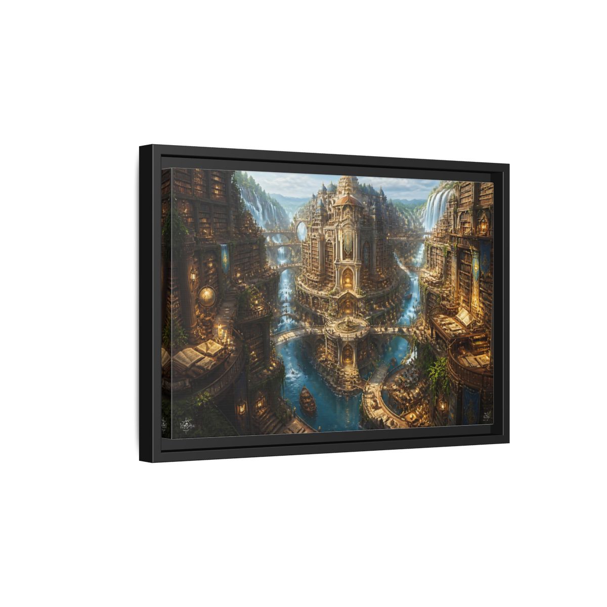 Side Mockup 6. Riverside Grand Library shown as framed canvas print