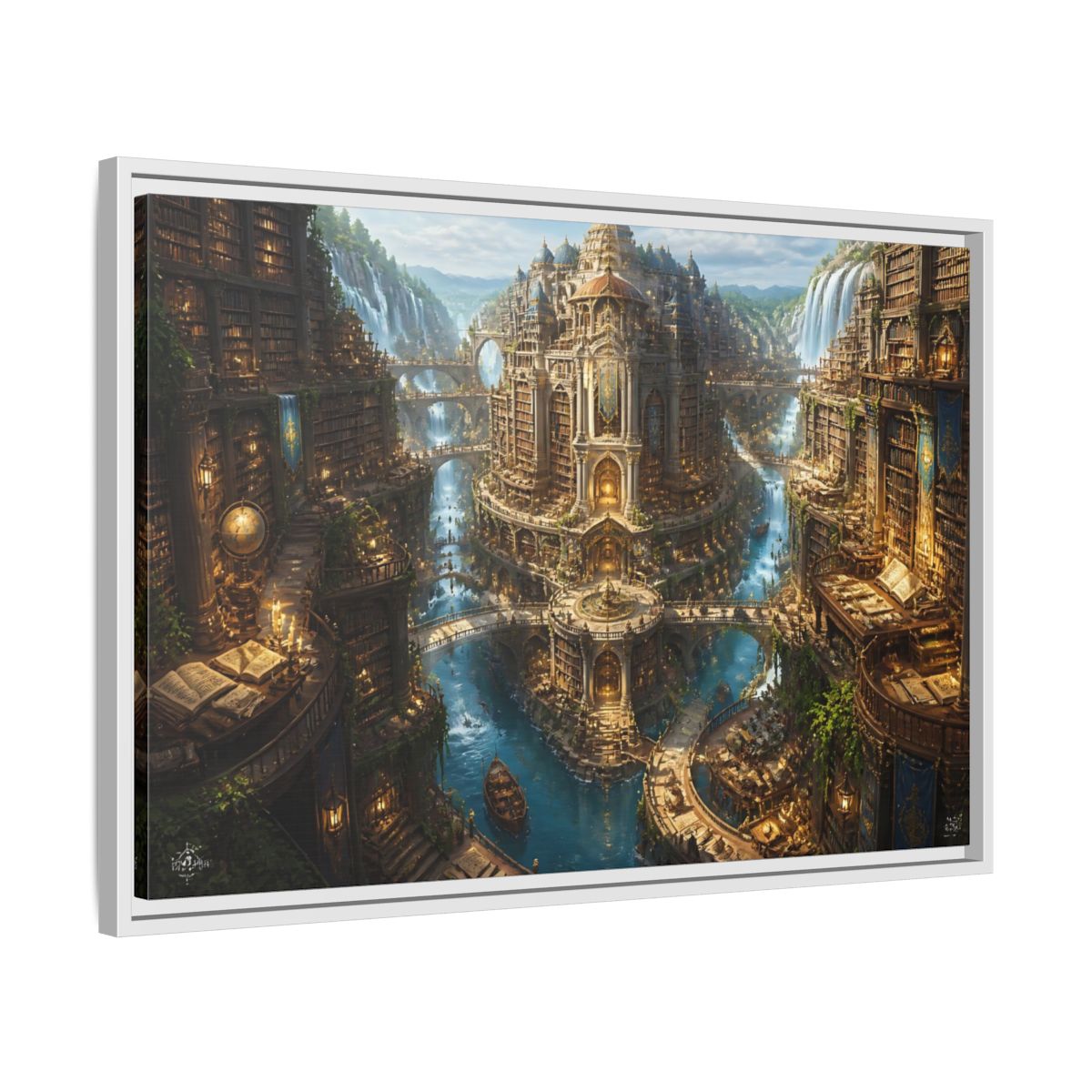 Side Mockup 10. Riverside Grand Library shown as framed canvas print