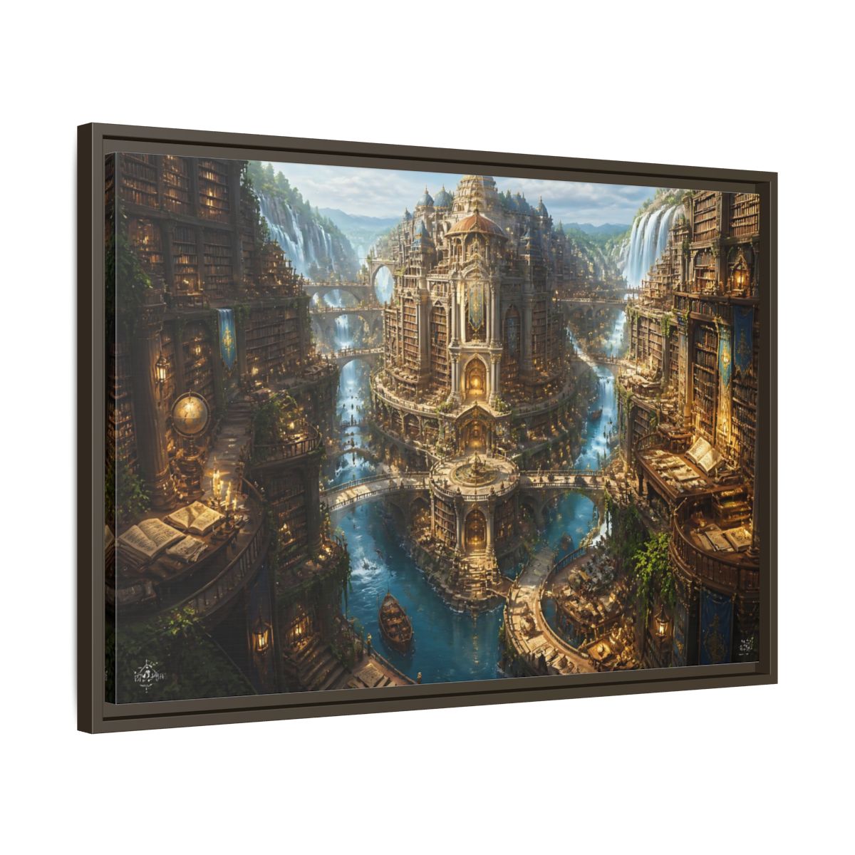 Side Mockup 11. Riverside Grand Library shown as framed canvas print