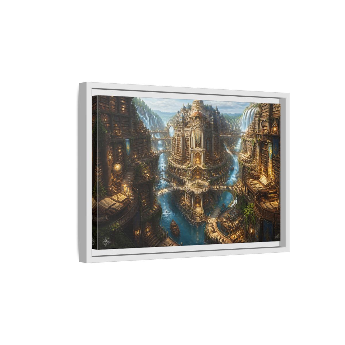 Side Mockup 4. Riverside Grand Library shown as framed canvas print