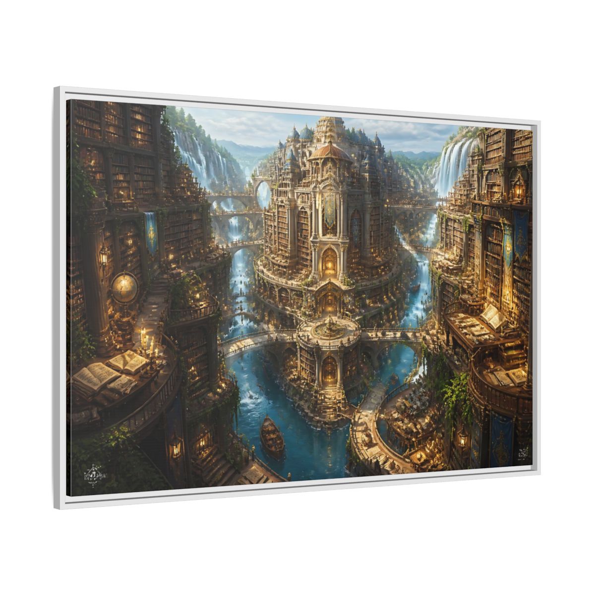 Side Mockup 7. Riverside Grand Library shown as framed canvas print