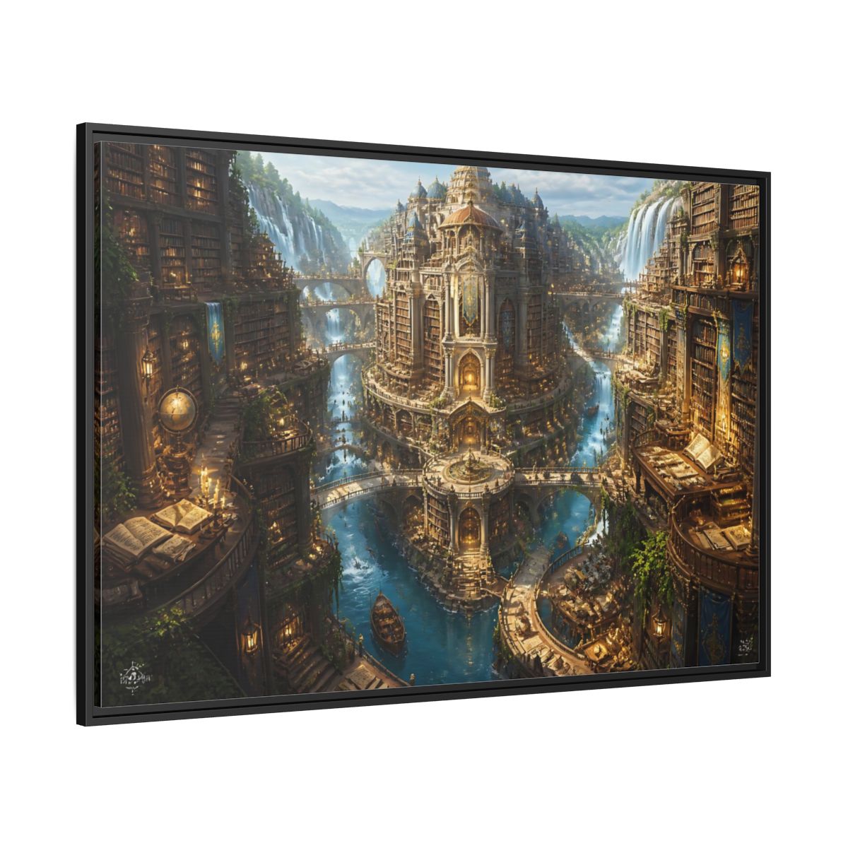 Side Mockup 12. Riverside Grand Library shown as framed canvas print
